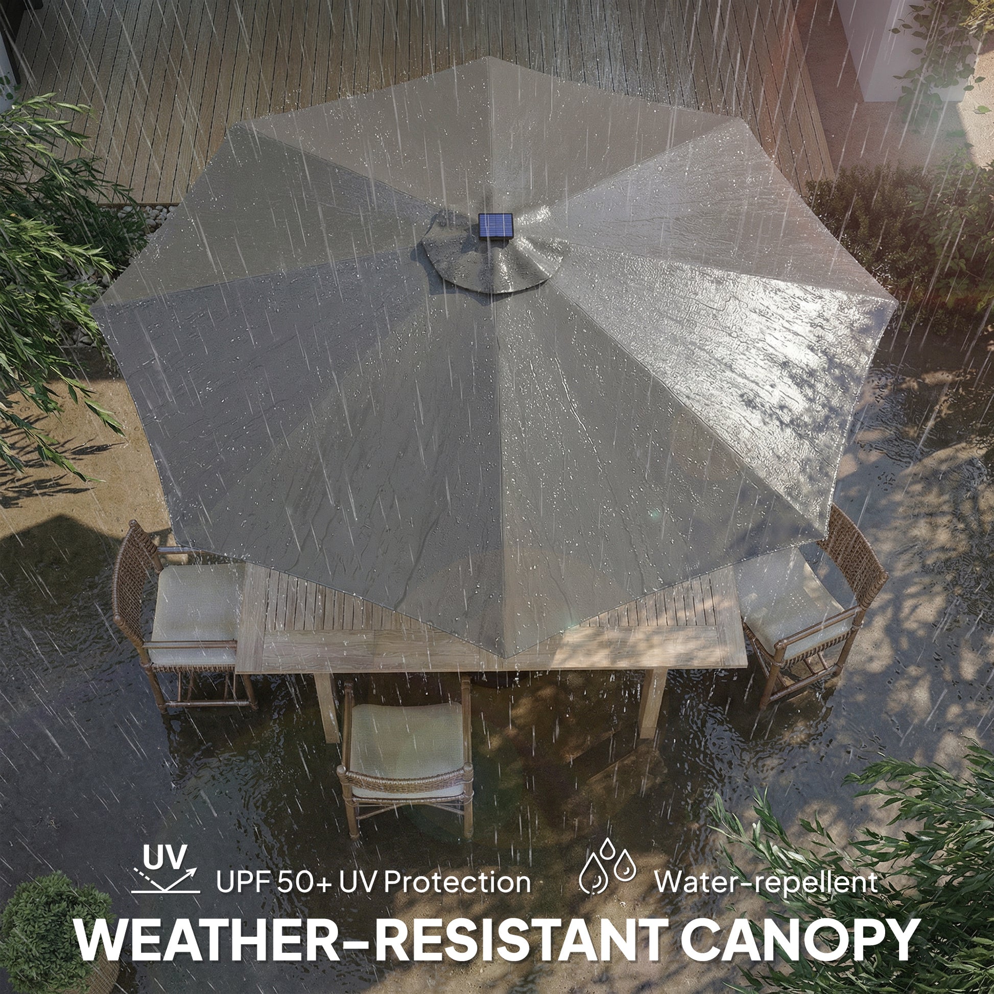 Outsunny 3 m Garden Parasol Umbrella with 112 Solar Powered LED Lights, Patio Umbrella with Crank Handle, Grey