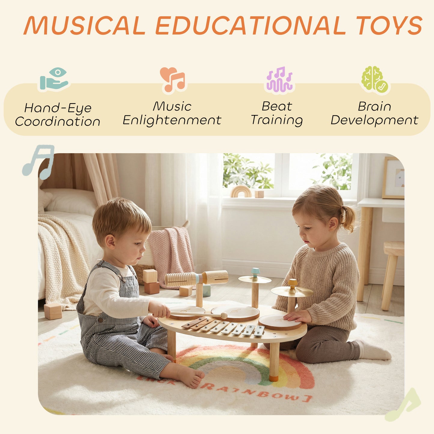 AIYAPLAY Baby Drum Kit, Wooden Kids Musical Instruments with Drums and Xylophone, Gifts for Girls Boys Birthday, Natural