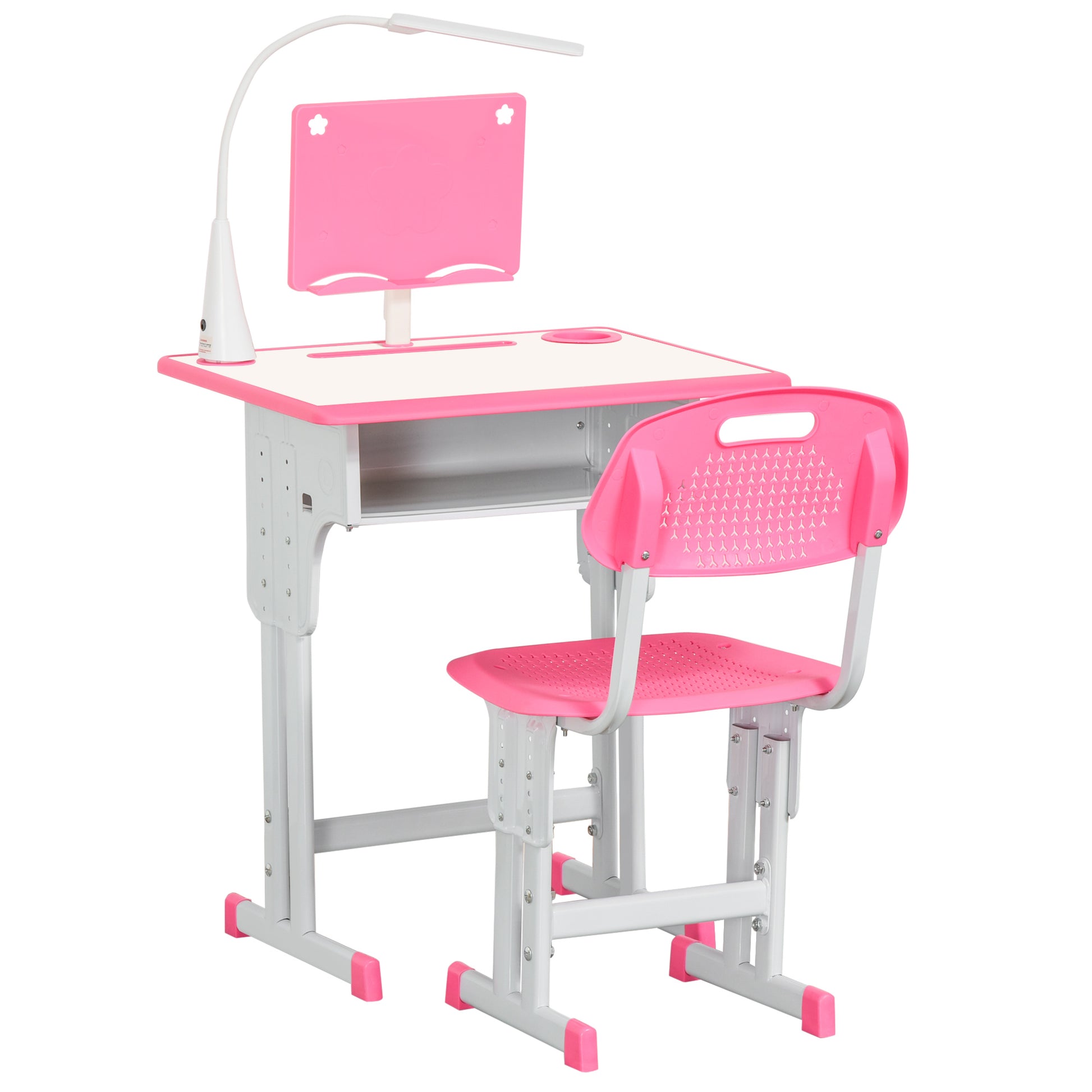 HOMCOM Kids Desk and Chair Set Adjustable Height Study Table Set with Drawer, Book Stand, Pen Slot - Pink Default Title