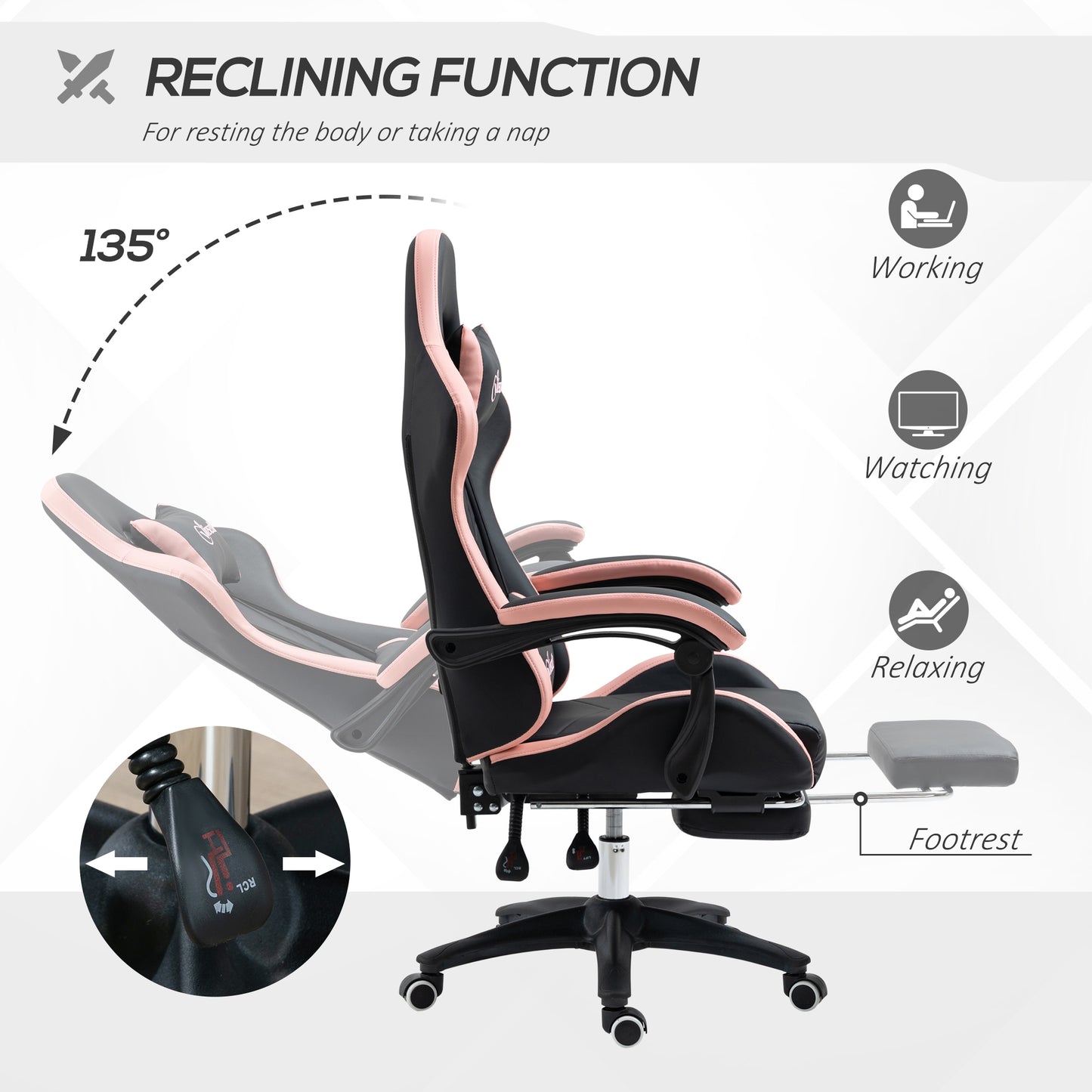 Vinsetto Computer Gaming Chair, PU Leather Office Desk Chair with Footrest, Swivel Wheels, 135° Reclining Back, Lumbar Support, Headrest for Home, Black and Pink