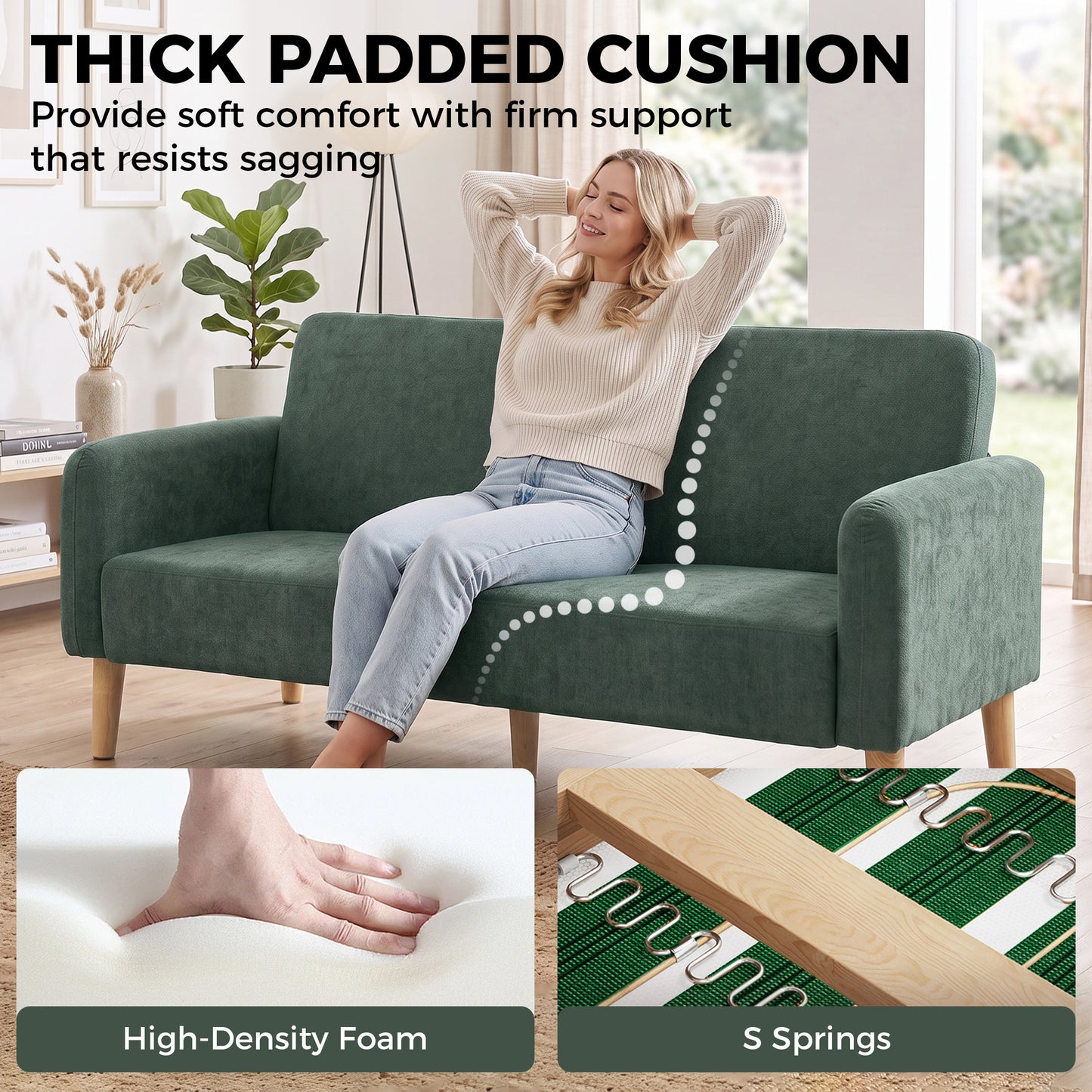 HOMCOM 2 Seater Sofa, Velvet Small Couch with 20cm Thick Padding, Wide and Deep Seat, Dark Green