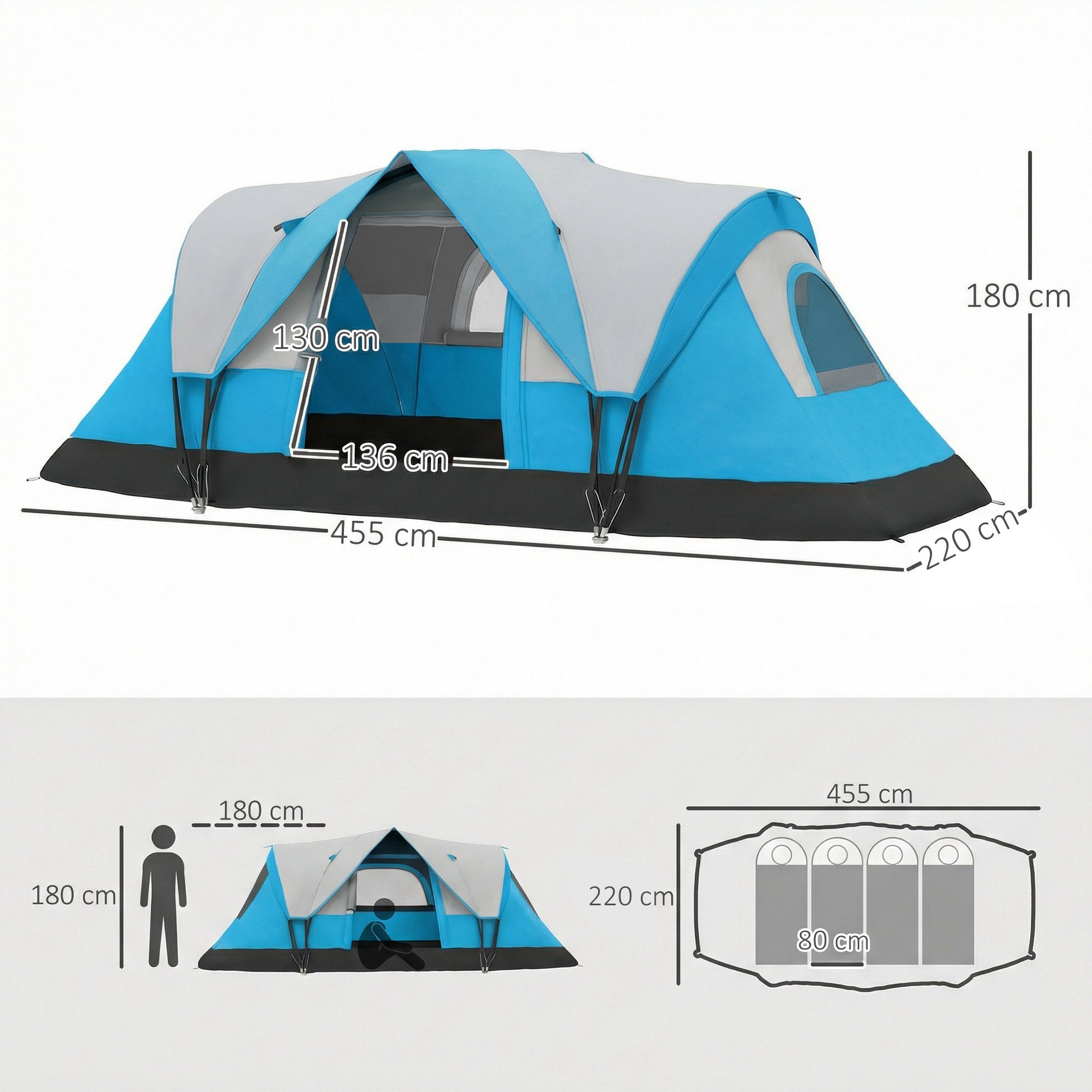 Outsunny 5 Man Camping Tent, Large Tunnel Tent, Water Resistant Hiking Shelter with Groundsheet and Carry Bag, Light Blue