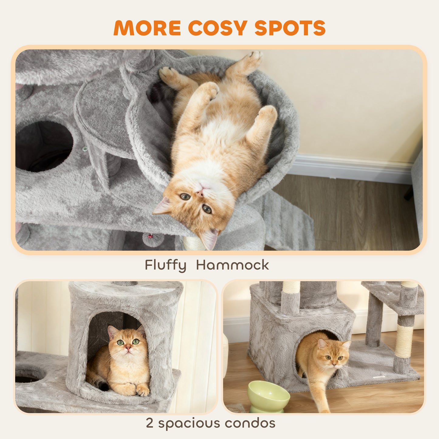 PawHut 170 cm Large Cat Tree, Cat Tower with 7 Scratching Posts, 2 Condos, Hammock, Light Grey