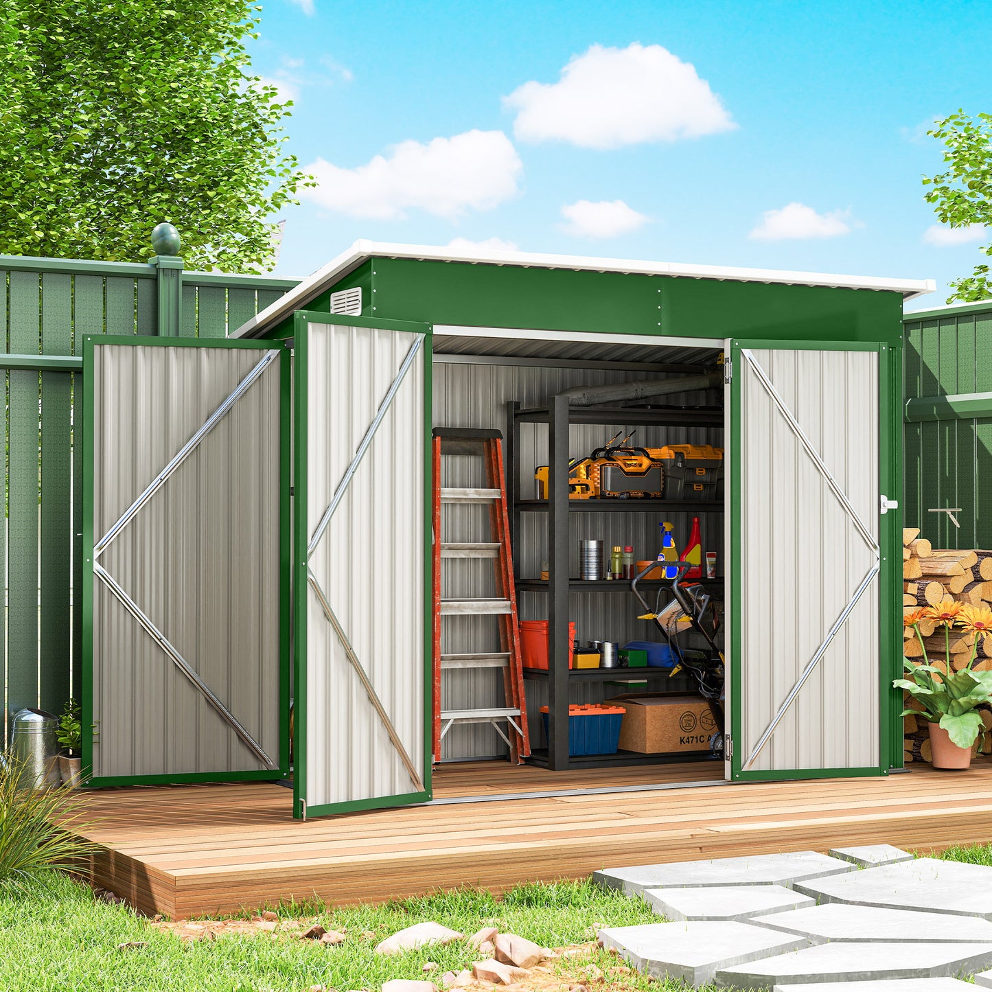 Outsunny 7.5 x 4.3ft Metal Garden Storage Shed, Waterproof Outdoor Shed with Triple Lockable Door, Gloves, Vents, Green