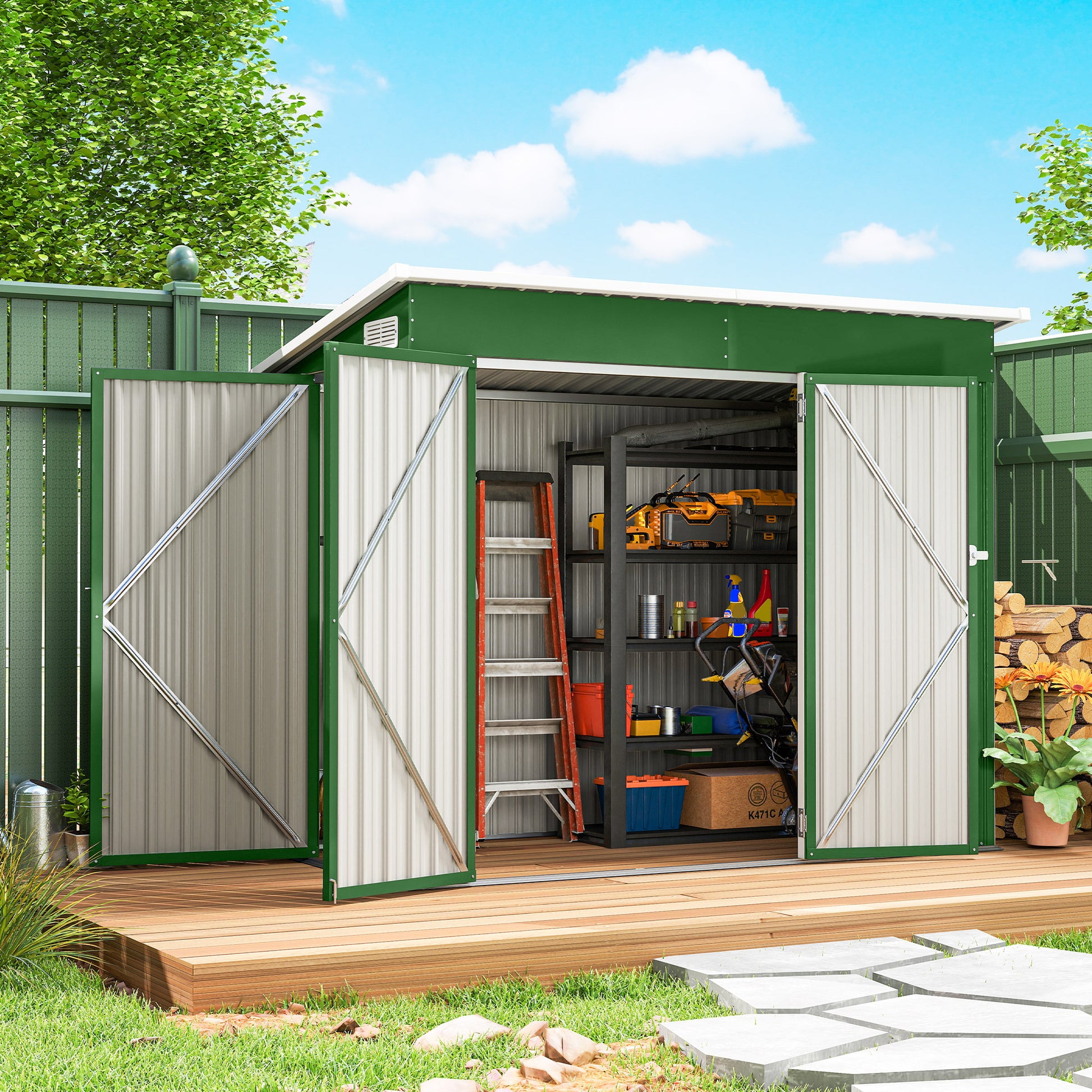 Outsunny 7.5 x 4.3ft Metal Garden Storage Shed, Waterproof Outdoor Shed with Triple Lockable Door, Gloves, Vents, Green