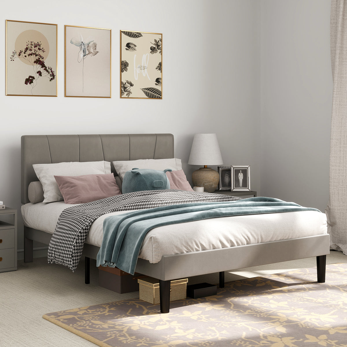 HOMCOM Double Bed Frame, with Velvet-Feel Headboard - Grey