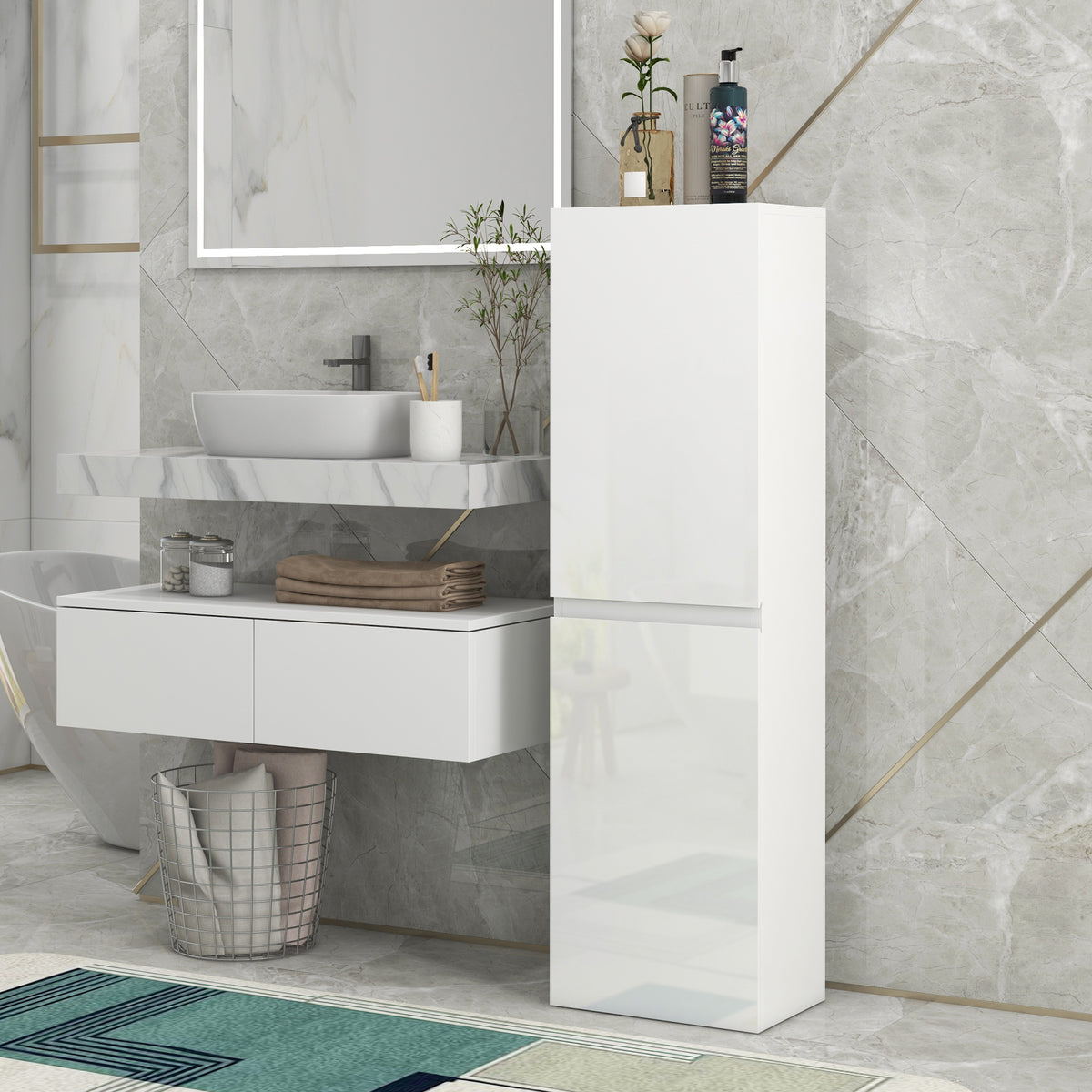 kleankin Bathroom Storage Unit, Tall Bathroom Cabinet with 2 Cupboards and Adjustable Shelves, White
