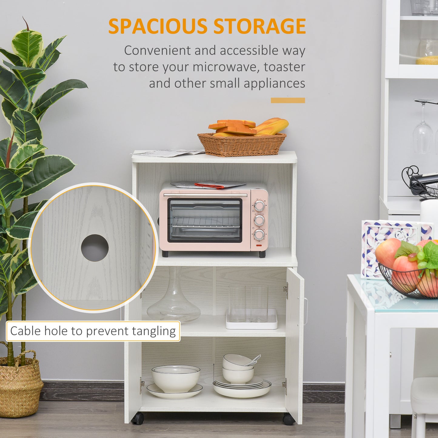 HOMCOM Kitchen Storage Unit, Modern Microwave Stand Trolley Cart, Sideboard with Cabinet,  Locking Wheels, Shelf for Living Room, Dining Room, White