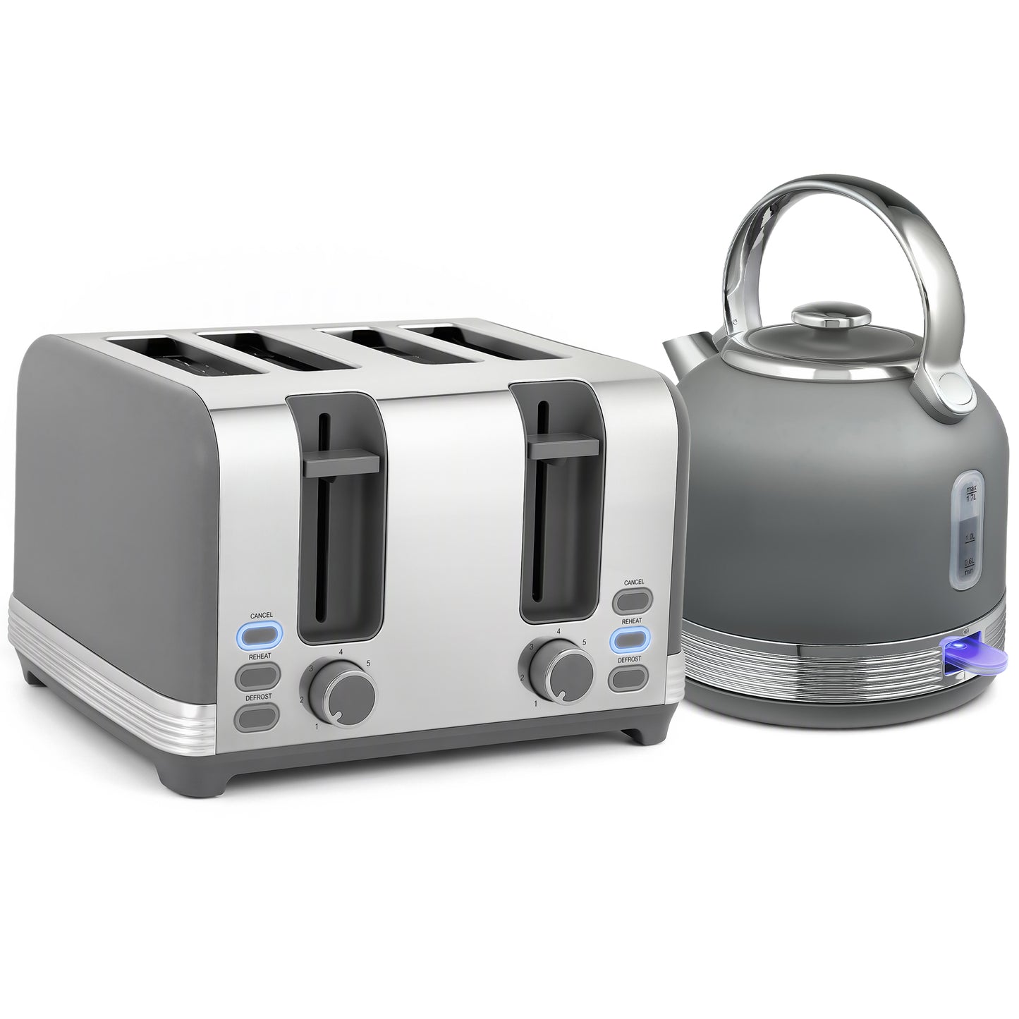 HOMCOM Stainless Steel Kettle and Toaster Set, 1.7L 3000W Cordless Fast Boil Kettle, 4 Slice Toaster Kitchen Set, Grey