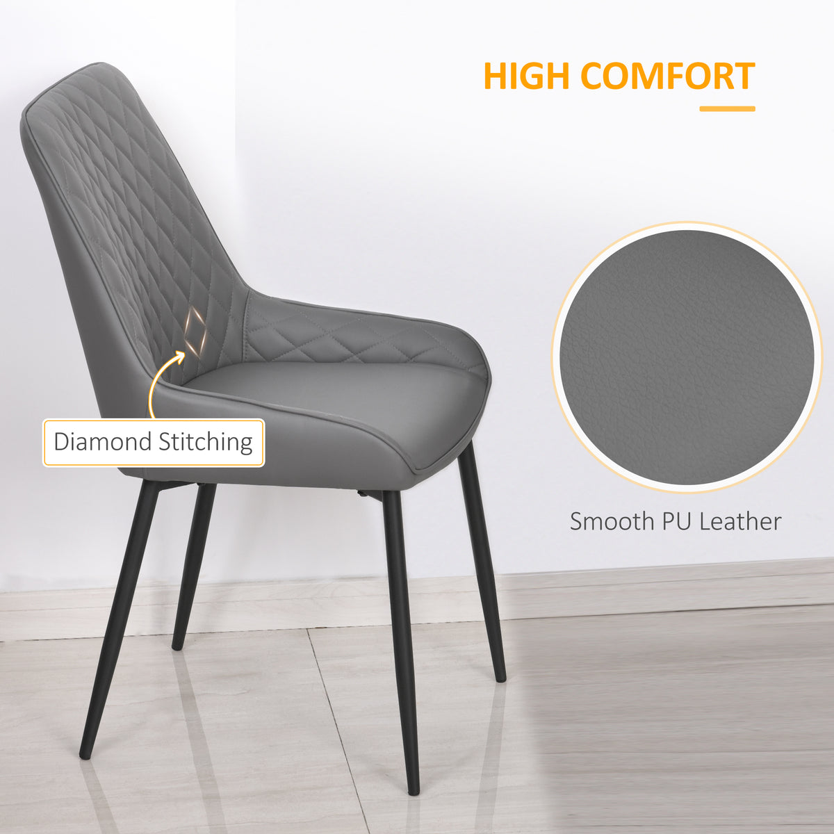 HOMCOM Set Of 2 Quilted PU Leather Dining Chairs with Metal Frame 4 Legs Foot Caps Home Seating Modern Stylish Executive Grey