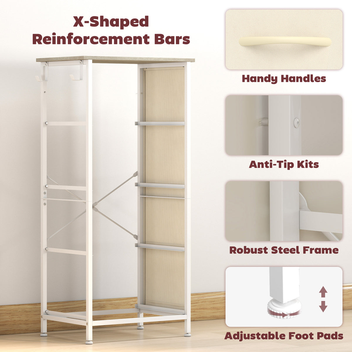 HOMCOM Chest of Drawers, Dresser with 4 Fabric Drawers, Tall Storage Unit with 4 Pockets and 2 Hooks, Steel Frame, Natural Wood