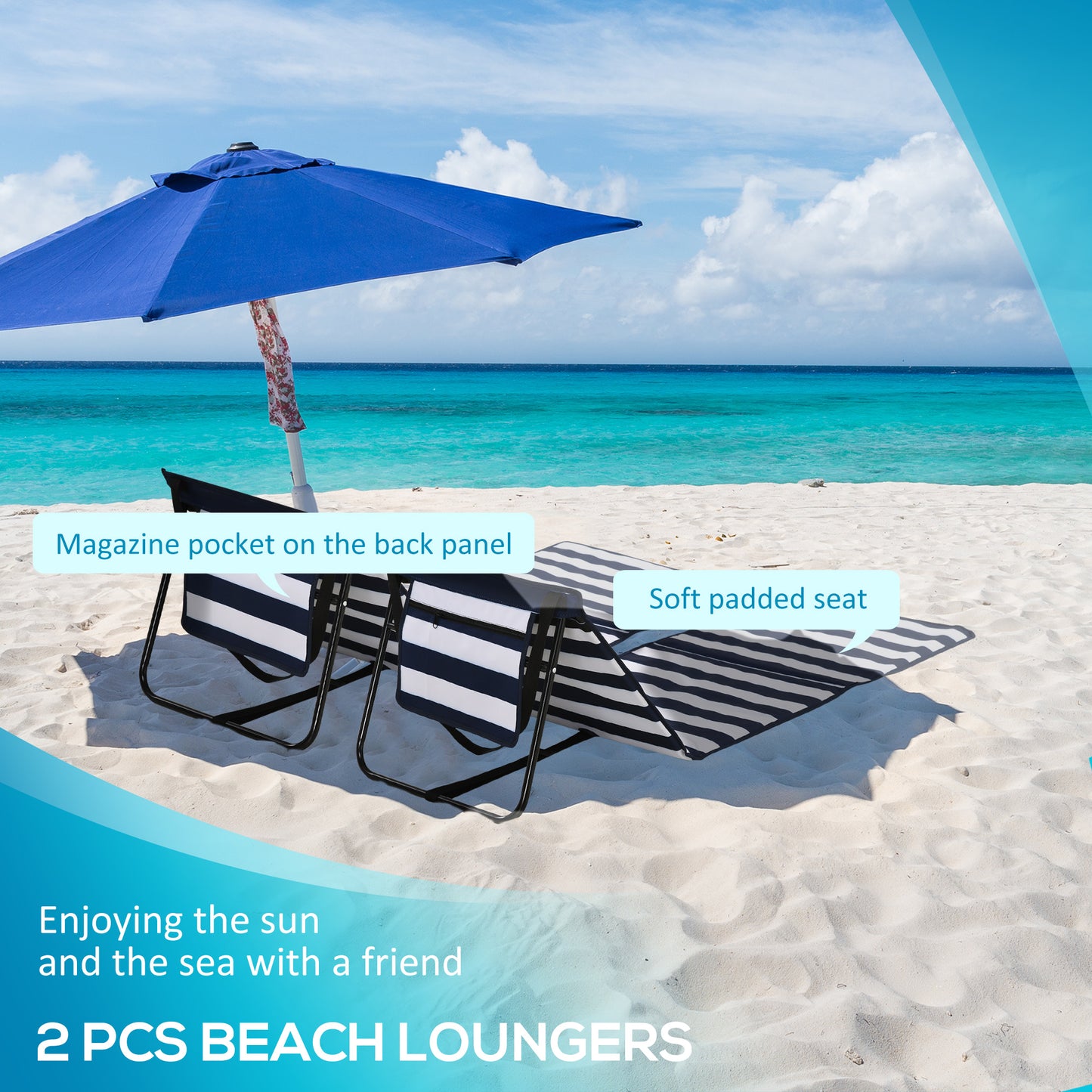 Outsunny Set of 2 Foldable Garden Beach Chair Mat, Outdoor Sun Lounger Seats with Adjustable Back, Magazine Pocket, Carry Strap