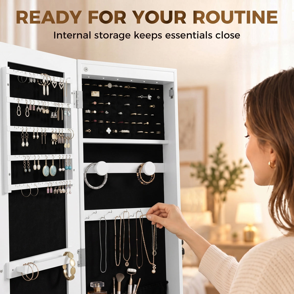 HOMCOM Swivel Jewelry Cabinet with LED Lights, Lockable Standing Full Length Mirror with Storage, 3-Colour Dimmable, White