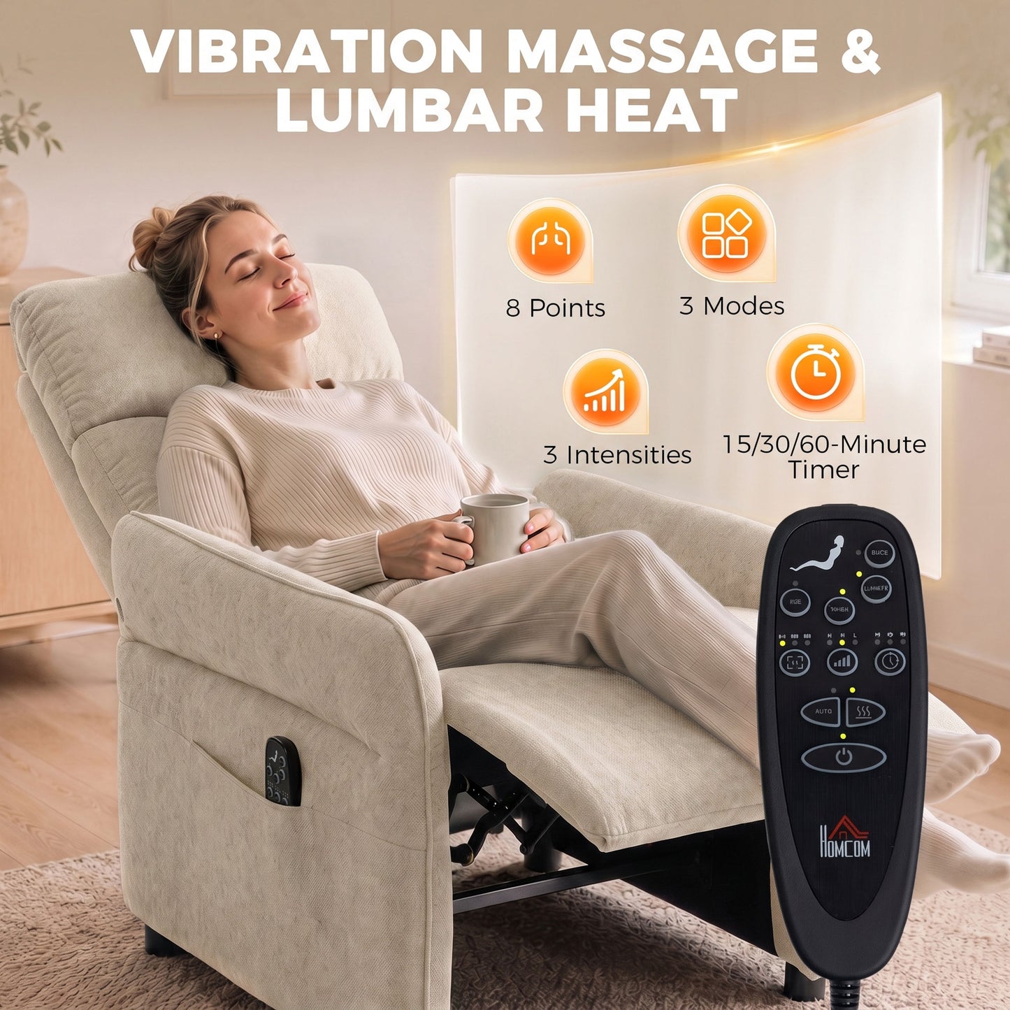 HOMCOM Recliner Armchair, Push Back Recliner Chair with Massage & Heat, Adjustable Armrests, Dual Side Pockets, Beige