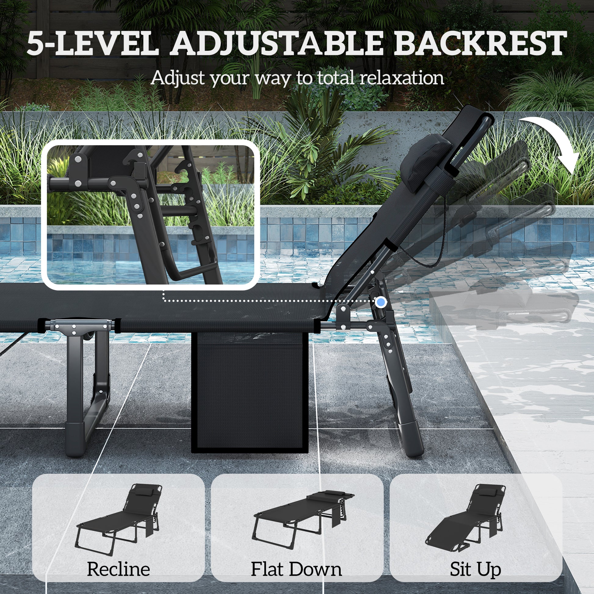 Outsunny Folding Sun Lounger for Garden, 5-Position Oversized Camping Bed Recliner with Cushions, Dark Grey