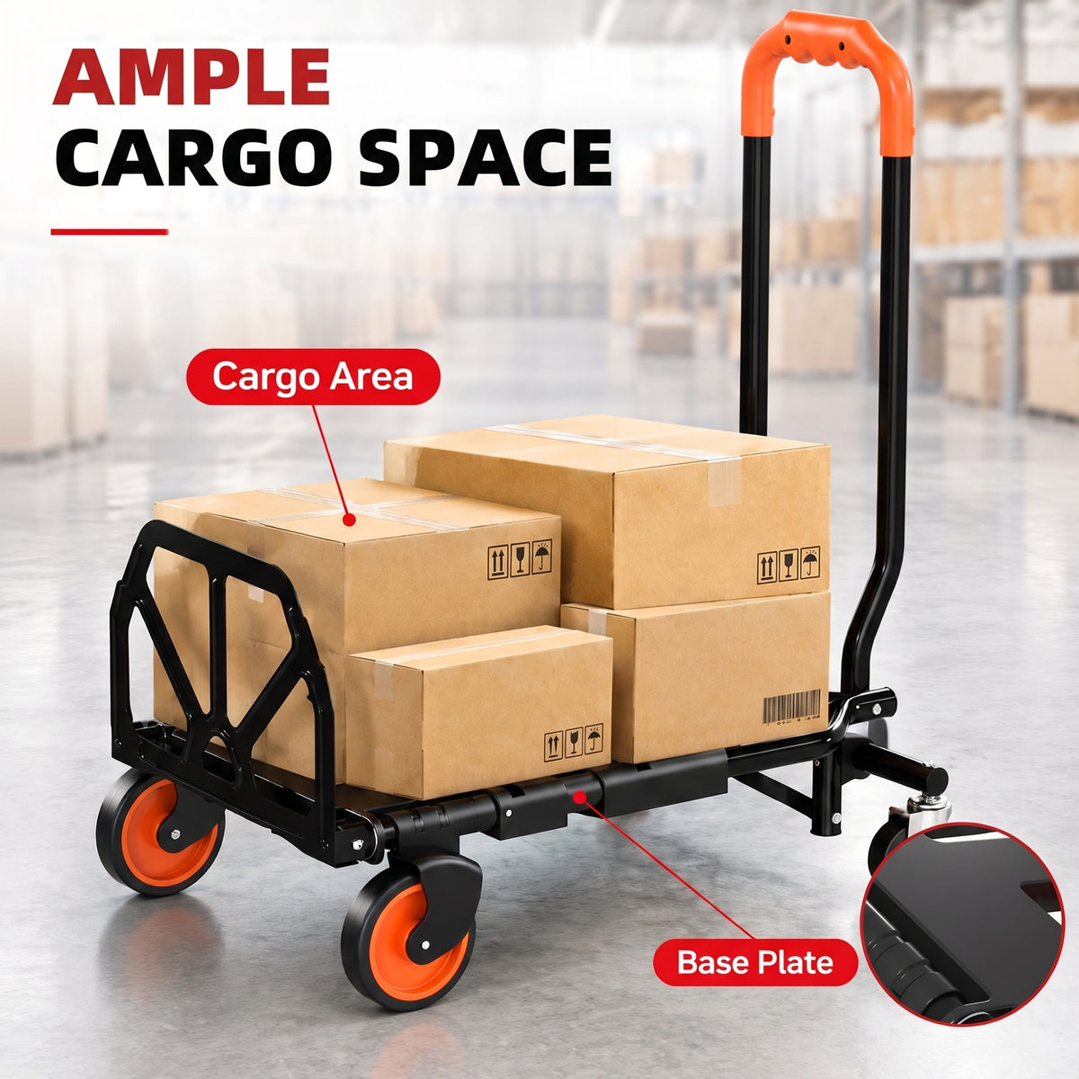 HOMCOM Steel 2-in-1 Folding Hand Truck on Wheels, Foldable Trolley with Foldable Base, 120kg, Black and Orange