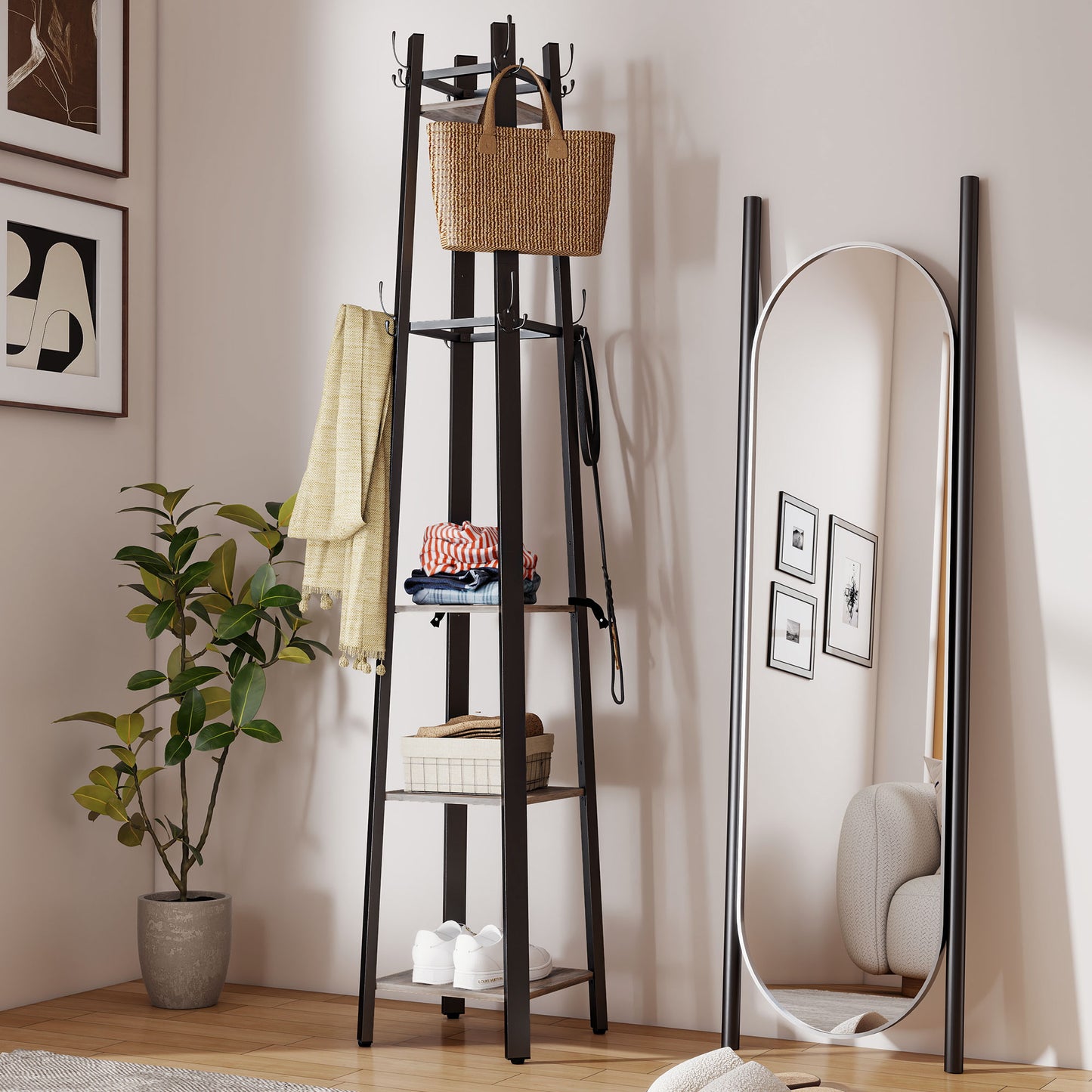 HOMCOM Industrial-Style Four Shelf Coat Stand - Grey/Black