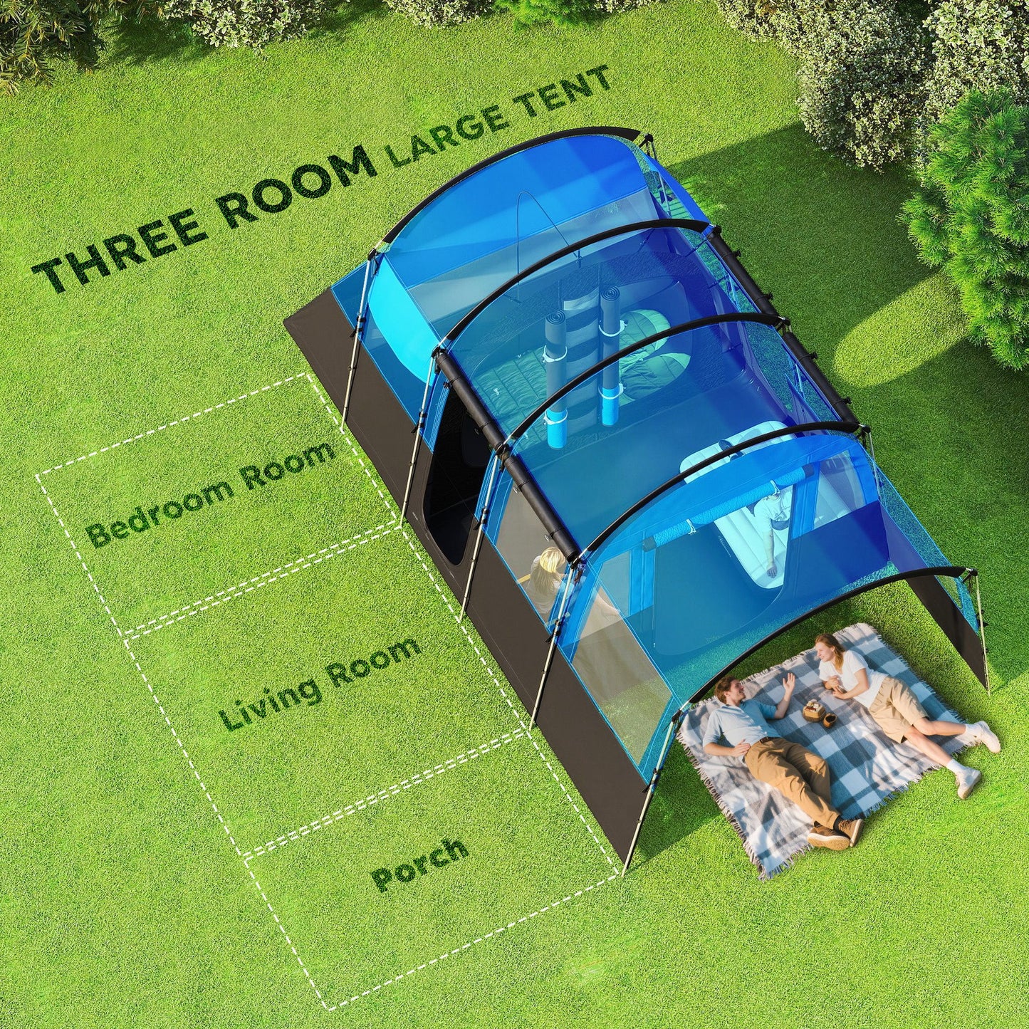 Outsunny 4-Person Camping Tent, Waterproof Family Tent, Tunnel Design, 4 Large Windows, Sleeping Cabins 3000mm Water Column Blue