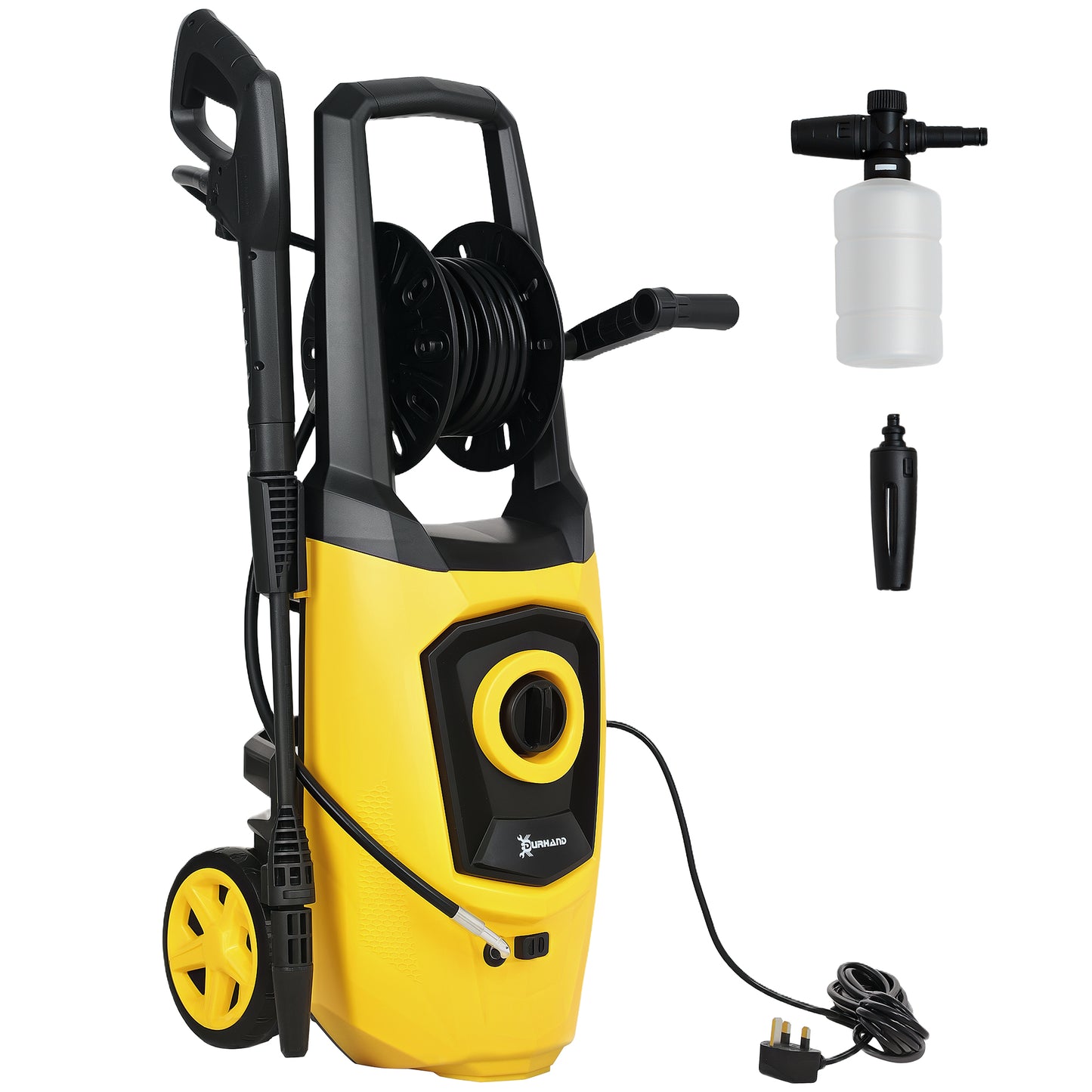 DURHAND 1800W HighÂ PressureÂ Washer, 150 Bar Pressure, 510 L/h Flow, High-Performance Portable Power Washer Jet Wash Cleaner with 6M Hose and Hose Reel for Garden, Car, Furniture, Yellow