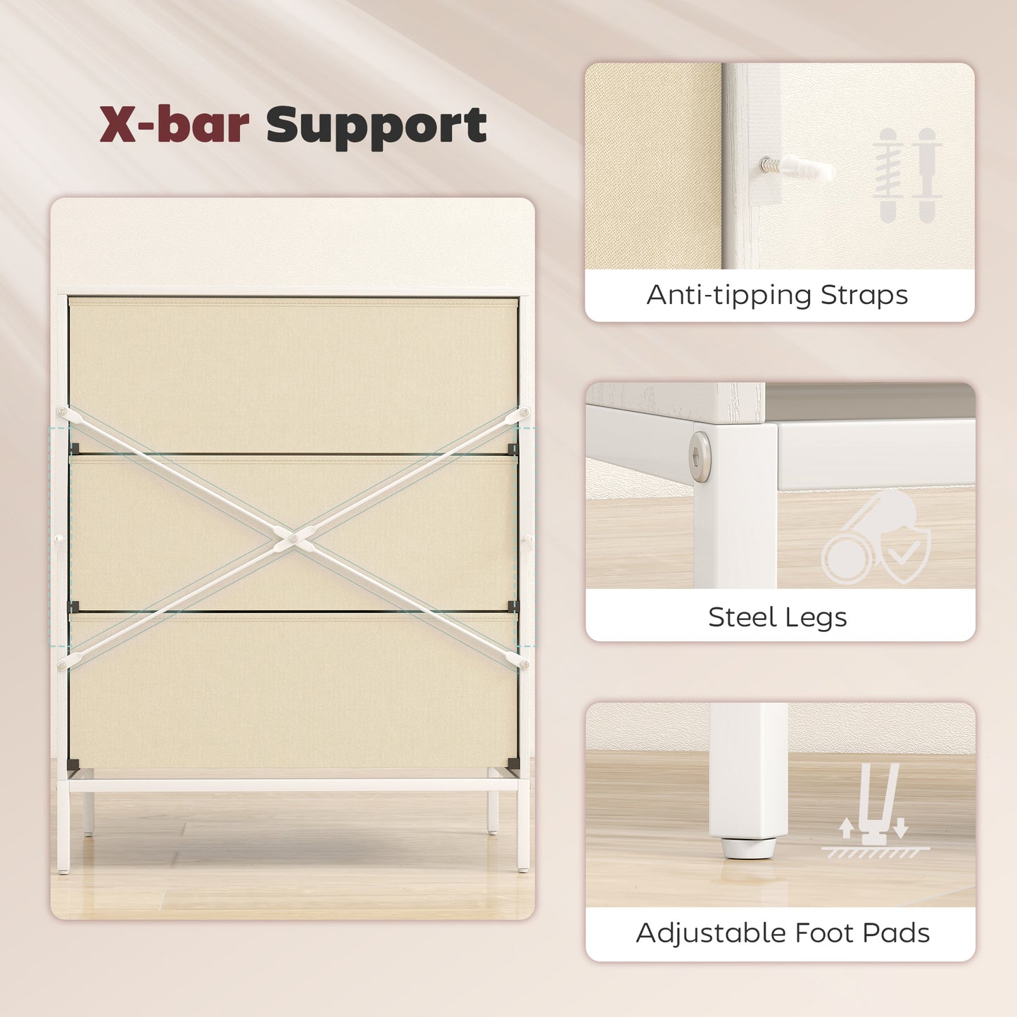 HOMCOM Chest of Drawers, Dresser with 3 Fabric Drawers and Aluminium Handles - White