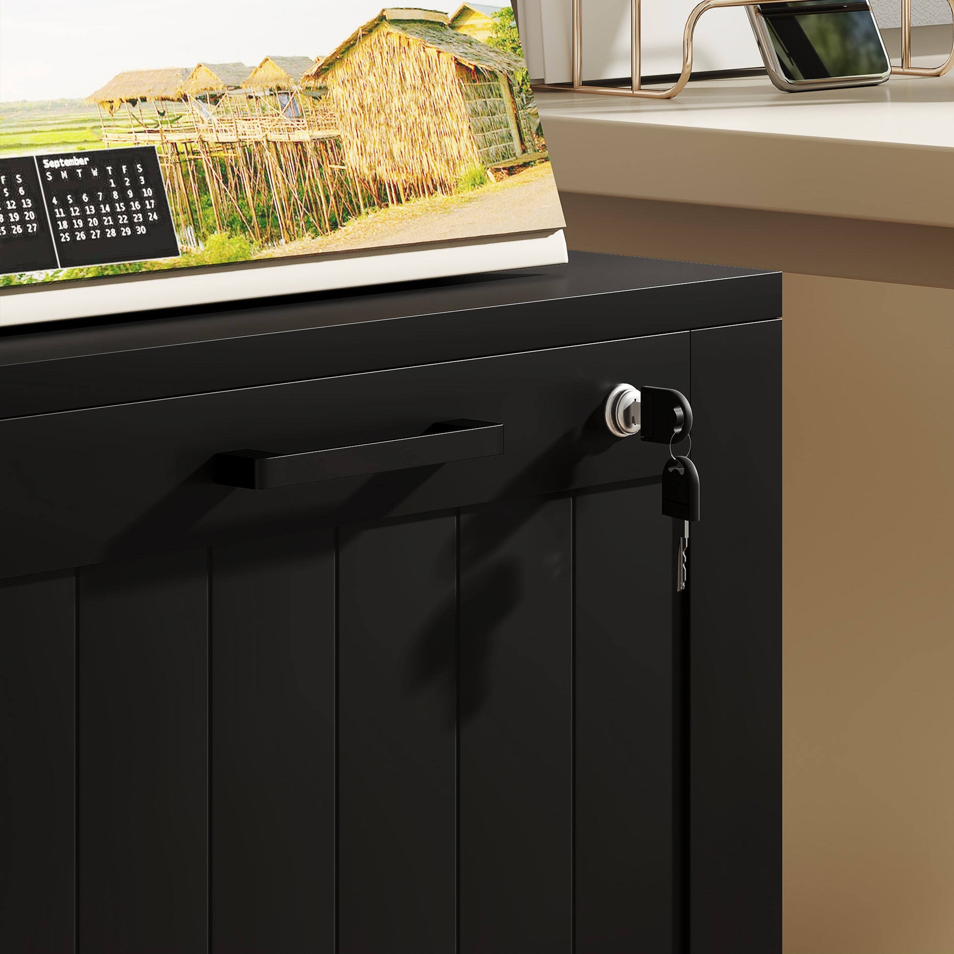 HOMCOM 2 Drawer Filing Cabinet with Lock, Office Storage Cabinet with Adjustable Hanging Bars for A4 Letter Size Files, Black