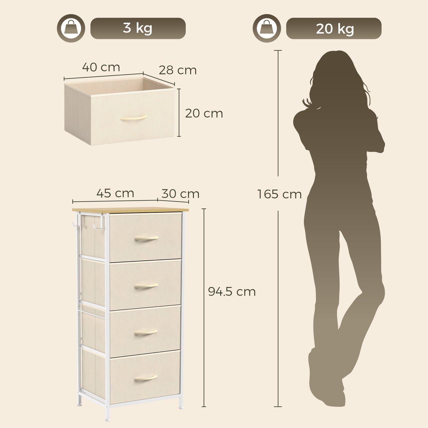 HOMCOM Chest of Drawers with 4 Fabric Drawers, Tall Storage Unit with 2 Hooks and Steel Frame for Bedroom, Beige