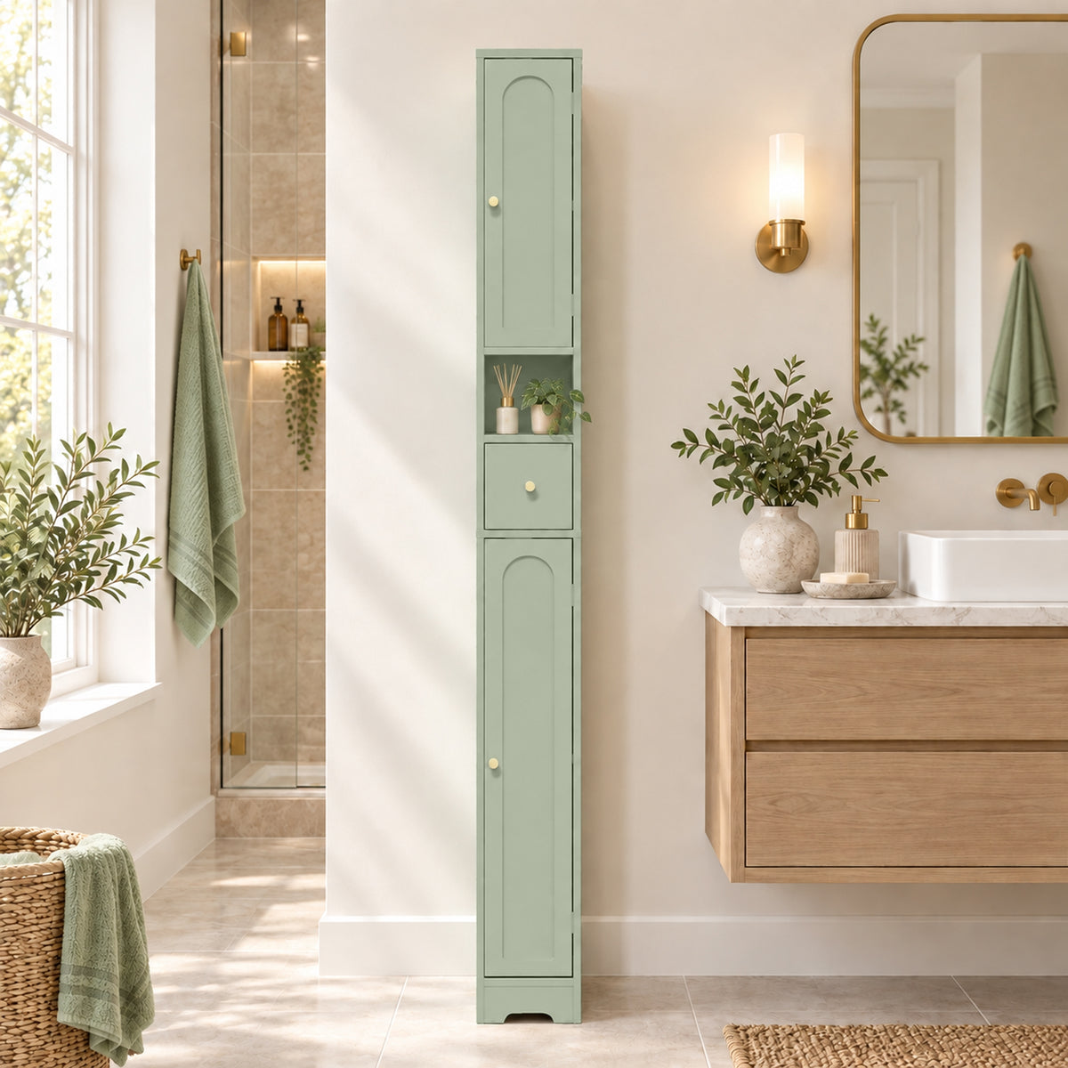 HOMCOM 185 cm Tall Bathroom Cabinet with Arched Doors - Light Green