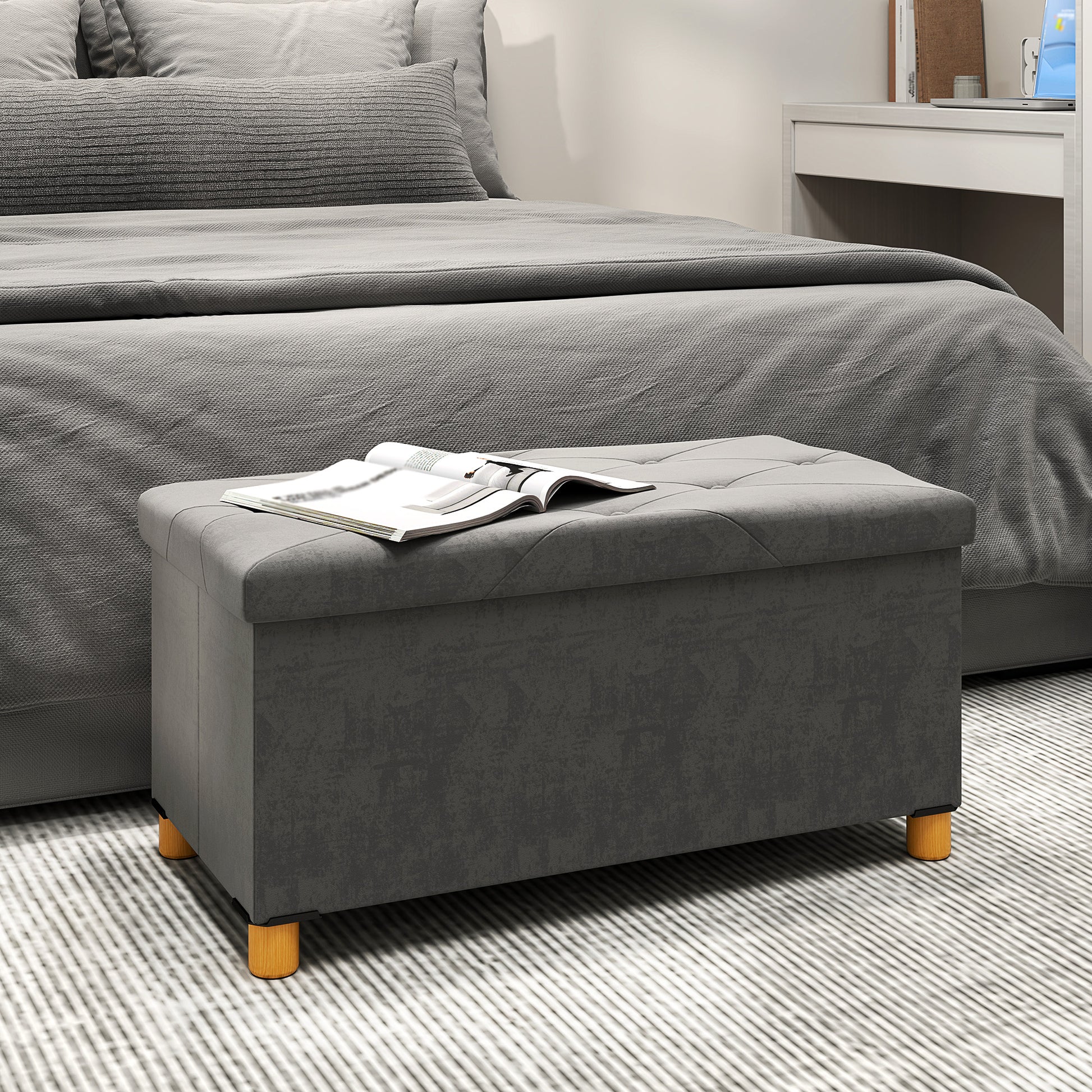 HOMCOM Velvet Upholstered Foldable Ottoman Footrest, Storage Ottoman Bench with Wood Legs for Living Room, Grey