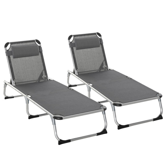 Outsunny Foldable Outdoor Sun Loungers Set of 2, Reclining Lounge Chair Camping Bed Cot with Pillow 4-Level Adjustable Back Aluminium Frame, Grey