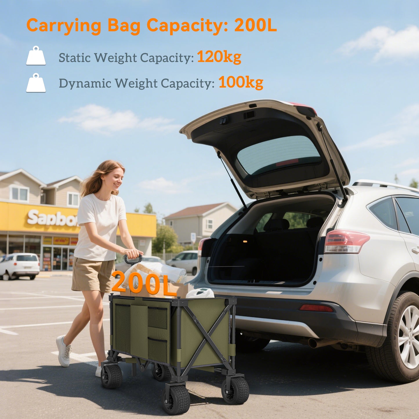 Outsunny Folding Garden Trolley, Cargo Traile on Wheels, Collapsible Camping Trolley, Outdoor Utility Wagon with Steel Frame and Oxford Fabric, Green