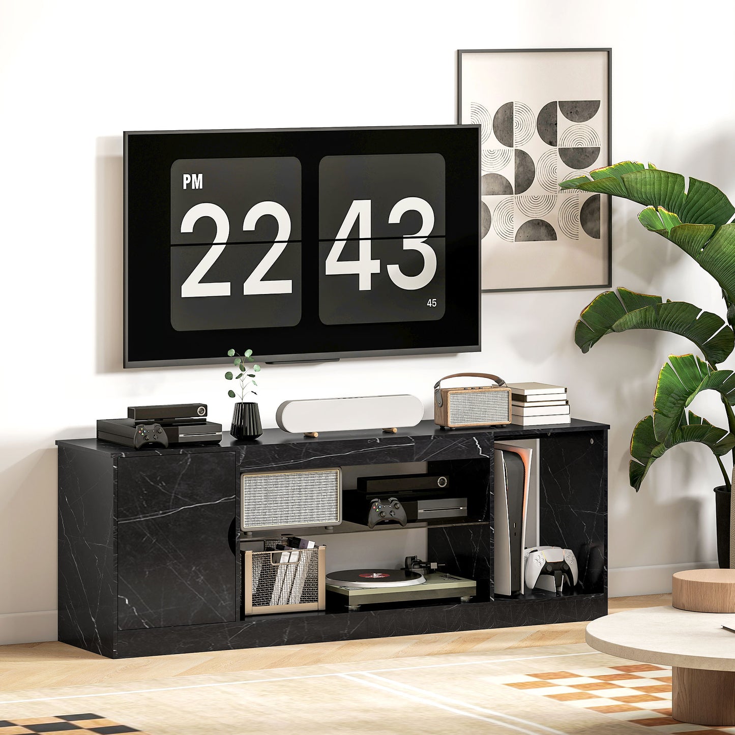 HOMCOM TV Stand Cabinet, Marble Effect TV Unit for up to 55" TVs with Glass Shelf and Storage Cabinet, Entertainment Unit for Living Room, Bedroom, Black