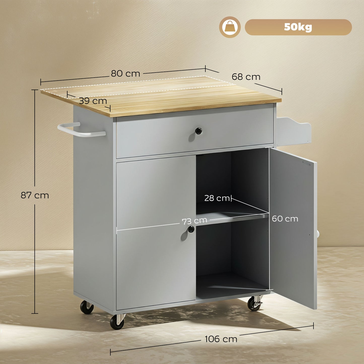 HOMCOM Kitchen Island with Drop Leaf, Rolling Kitchen Storage Trolley on Wheels with Drawer, Spice Rack and Towel Rack, Grey