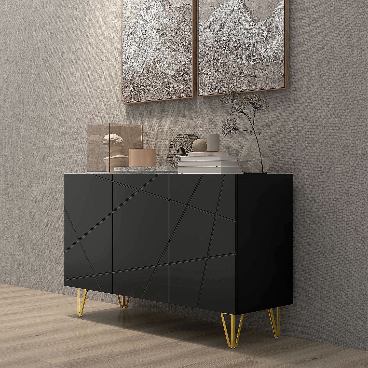 HOMCOM Modern Luxe High Gloss Sideboard, with Hairpin Legs - Black