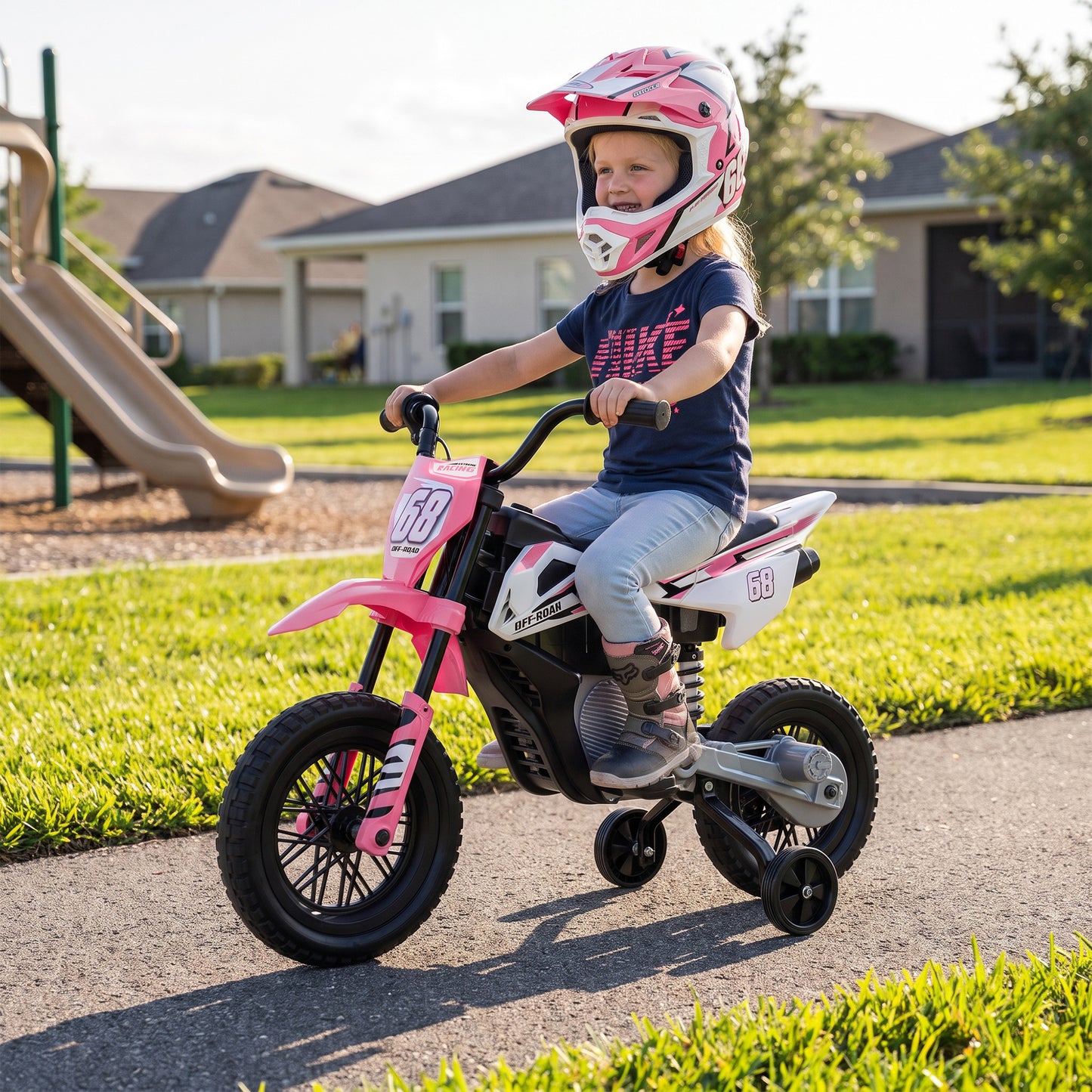 AIYAPLAY Kids Electric Motorcycle, 12V Ride On Motorbike with Training Wheels, Soft Start, Suspension, Music for 3â€“6 Years, Pink