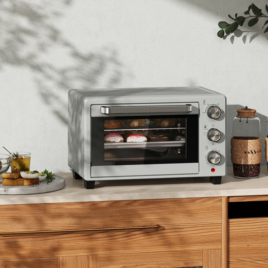 HOMCOM 21L Mini Countertop Oven, 100Â°C-230Â°C Adjustable Temp - Silver Tone