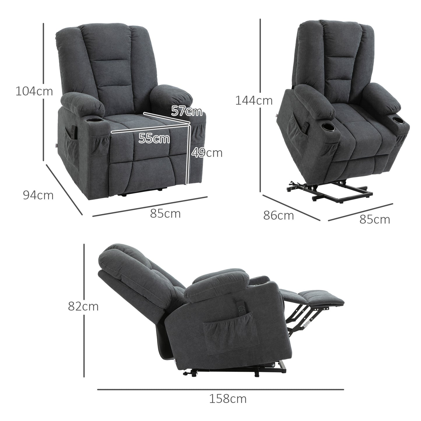 HOMCOM Electric Riser Recliner Armchairï¼Œ Oversized Chair with Cup Holder & Side Pockets for Elderly in Living Room, Charcoal Grey