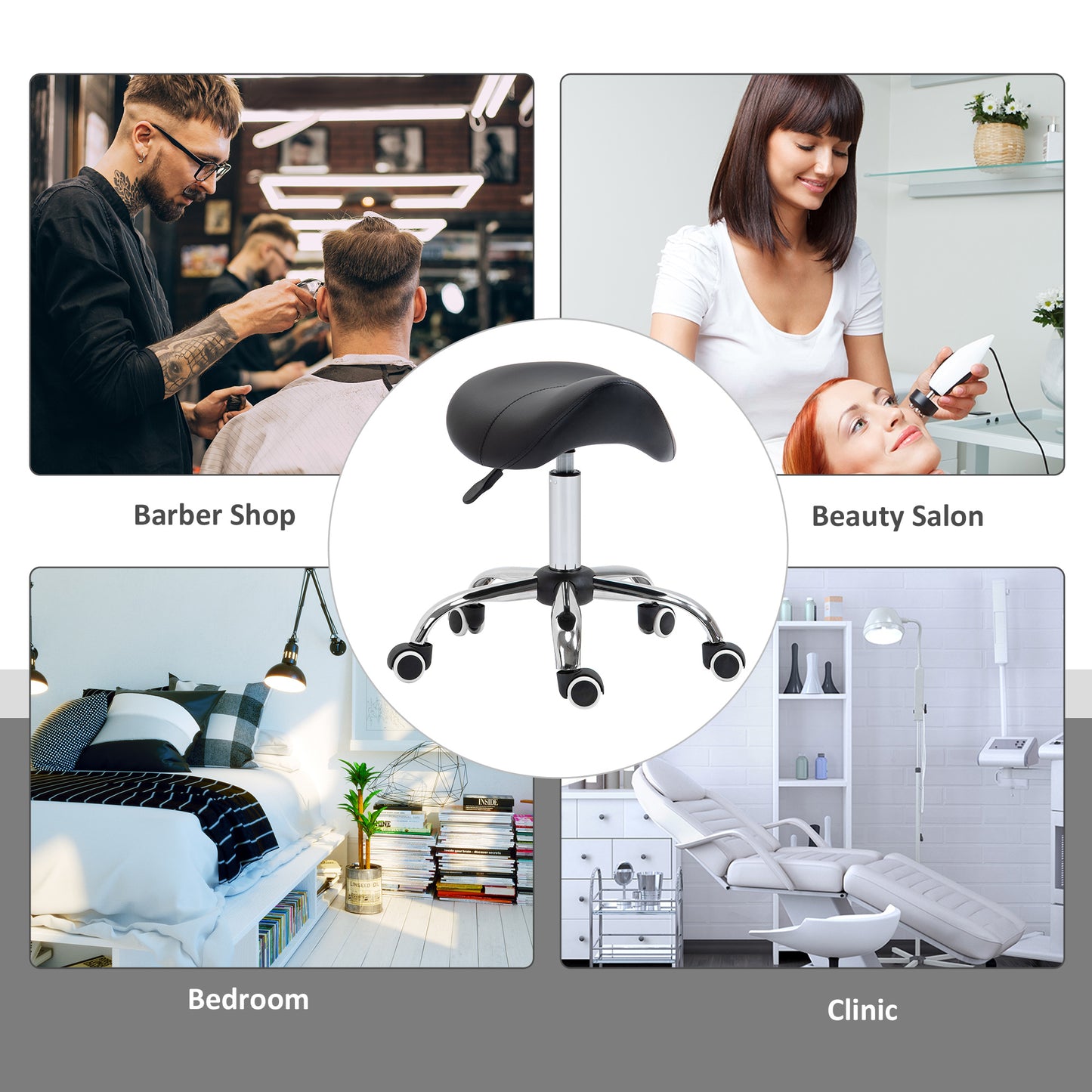 HOMCOM Cosmetic Stool 360Â° Rotate Height Adjustable Salon Massage Spa Chair Hydraulic Rolling Faux Leather Saddle Stool Mobility, Black