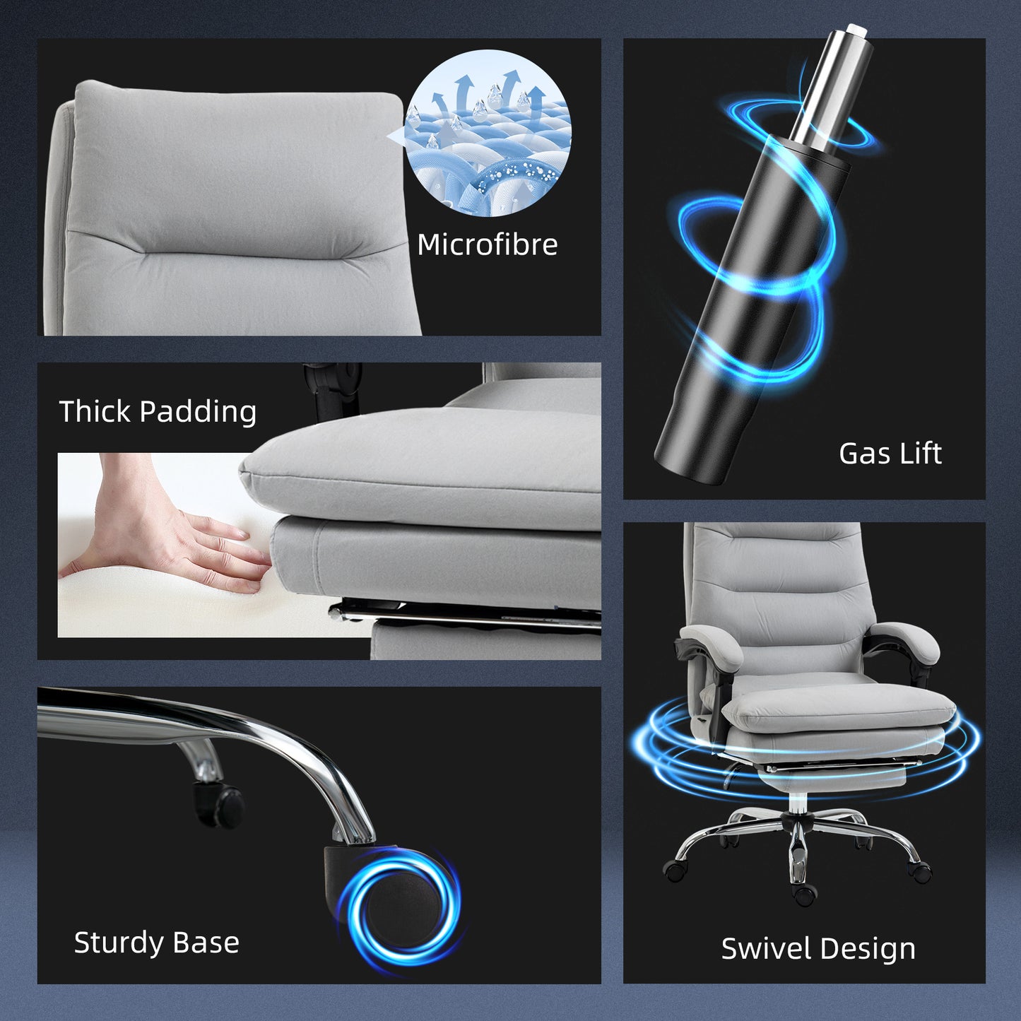 Vinsetto Office Chair with Footrest, Double Padding Ergonomic Desk Chair with 6-Point Vibration Massage and Back Heating, Microfibre Fabric with 135Â° Reclining Back, Grey