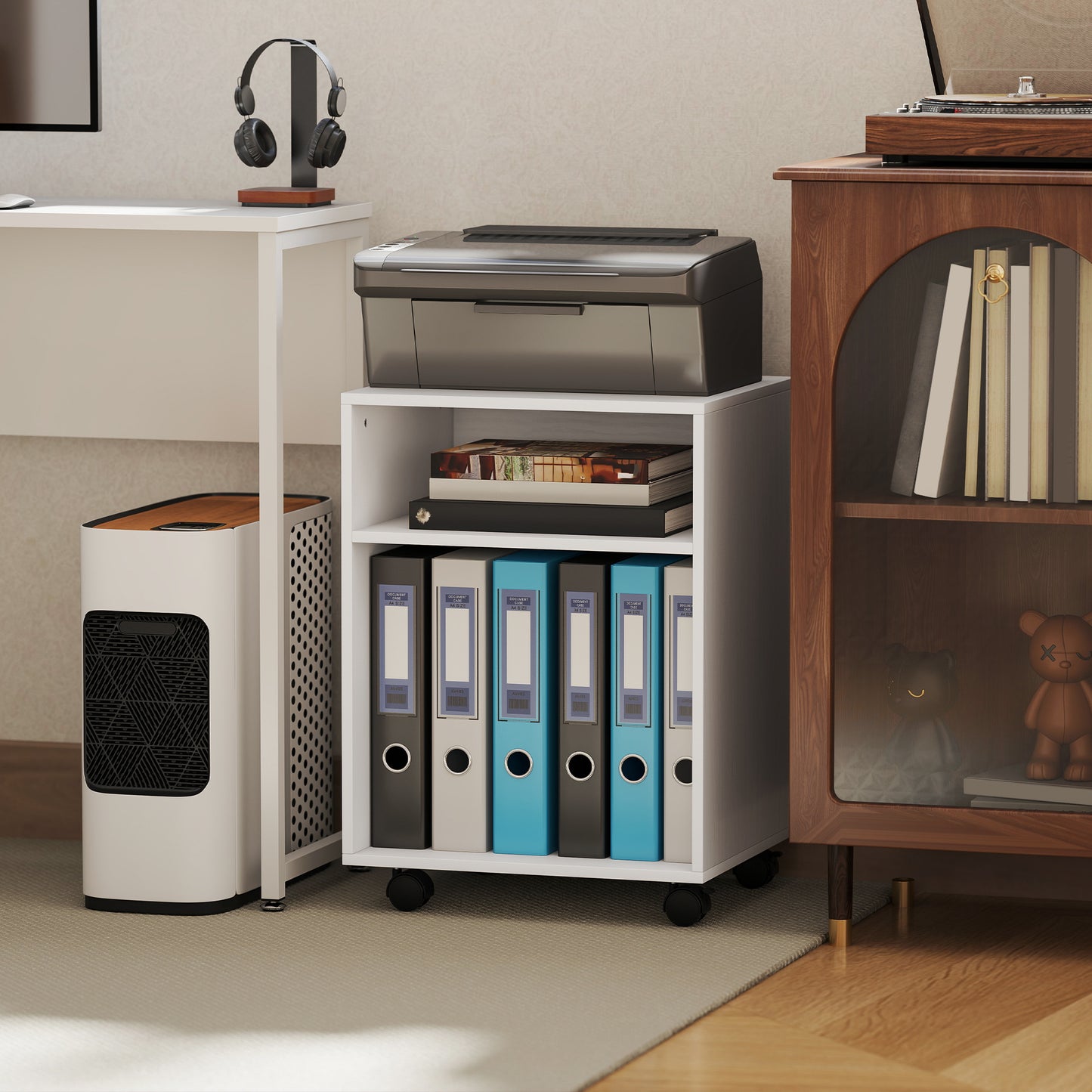 HOMCOM 2-Tier Printer Stand with Storage, Under Desk Printer Cart on Wheels, White