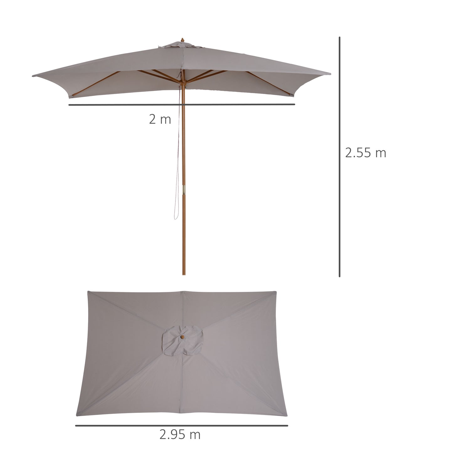 Outsunny 2 x 3m Wooden Garden Parasol Umbrella Outdoor Sun Shade Canopy, Table Market Umbrella with Vent, 38 mm Pole, Rope Pulley Mechanism, Light Grey