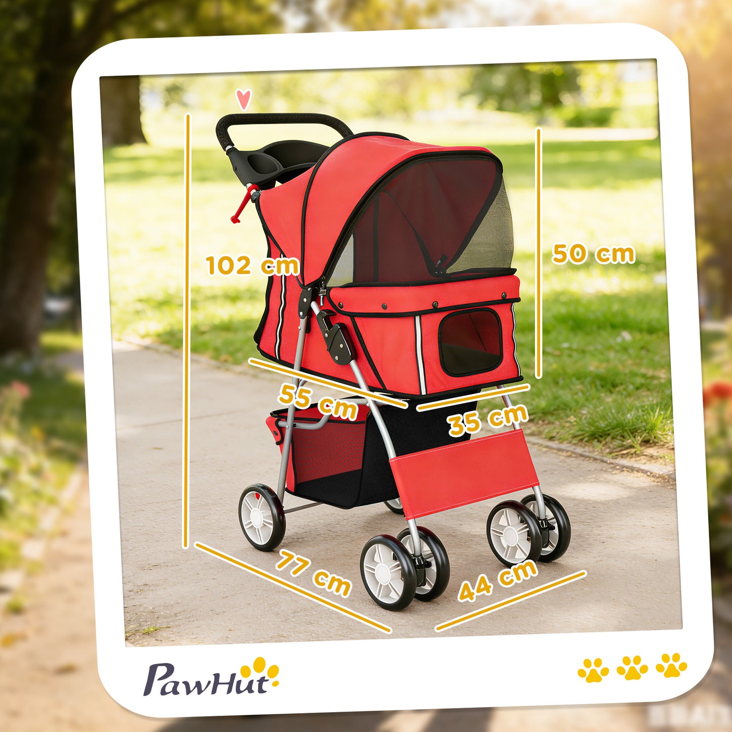 PawHut Dog Pram, Pet Stroller with Reflective Strips, Foldable Cat Stroller with 360Â° Swivel Wheels, Red