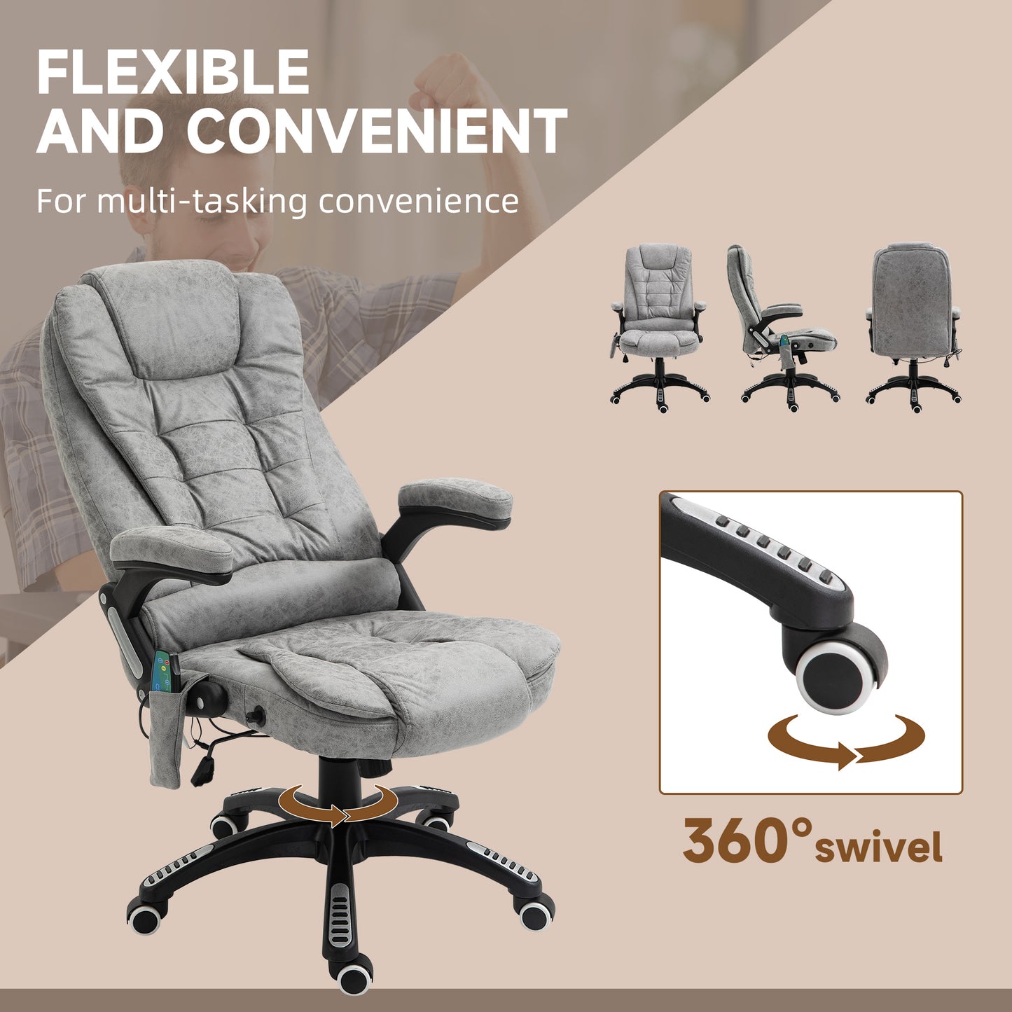 Vinsetto Massage Recliner Chair Heated Office Chair with Six Massage Points Microfiber Cloth 360Â° Swivel Wheels Grey
