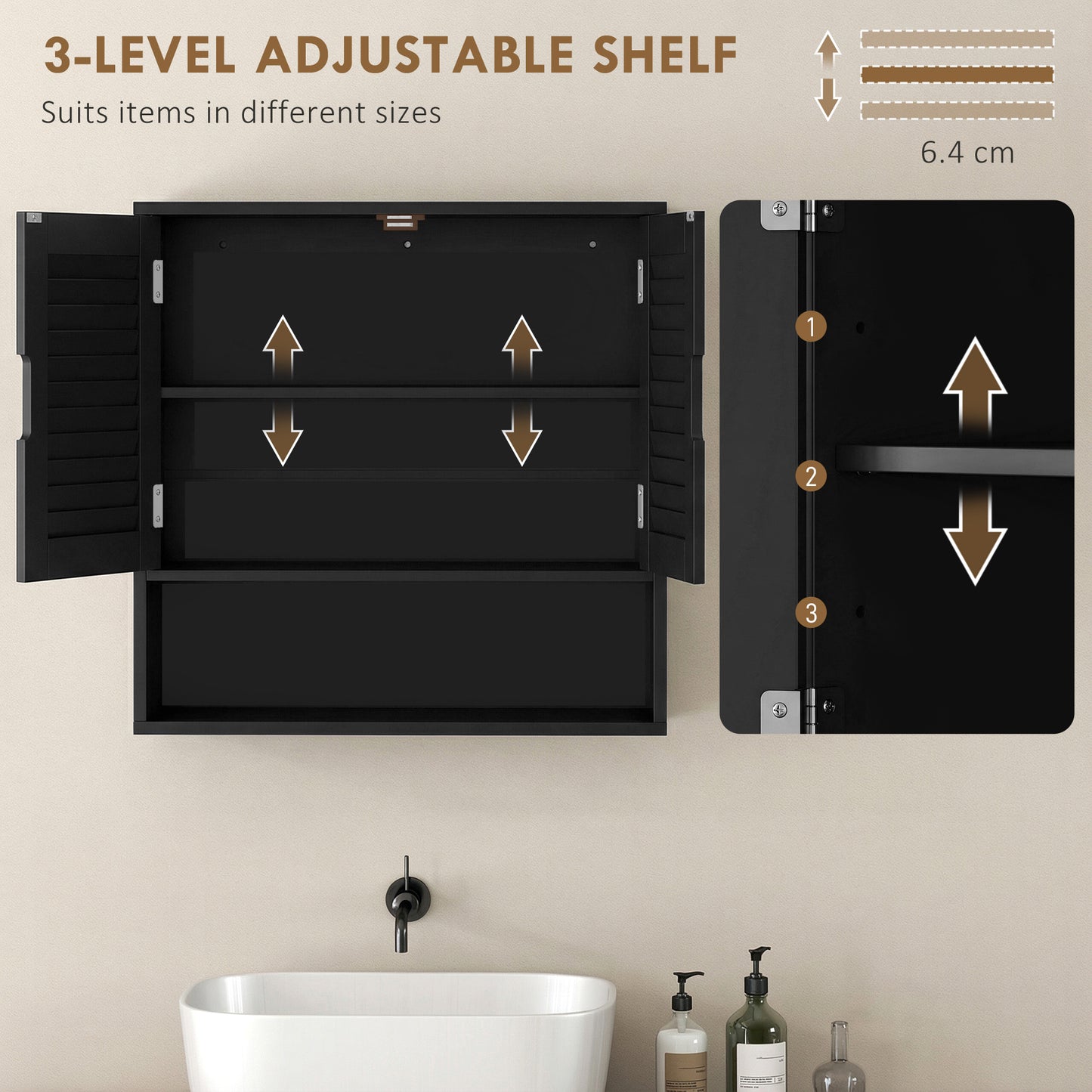 HOMCOM Bathroom Cabinet, Wall Mounted Storage Cabinet with Adjustable Shelves, 60 x 20 x 60 cm, Black