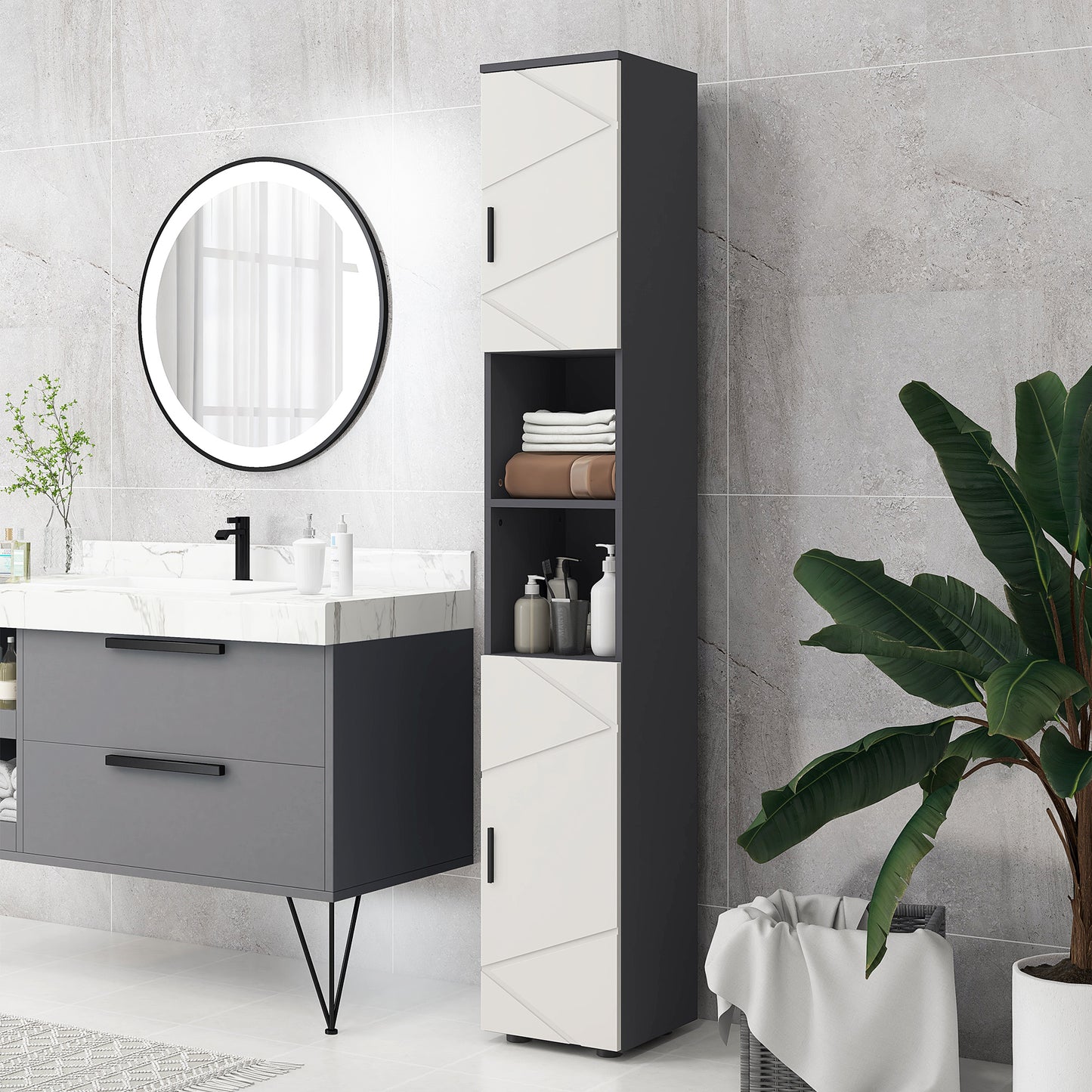kleankin Line Embossed Tall Bathroom Storage Cabinet - Grey