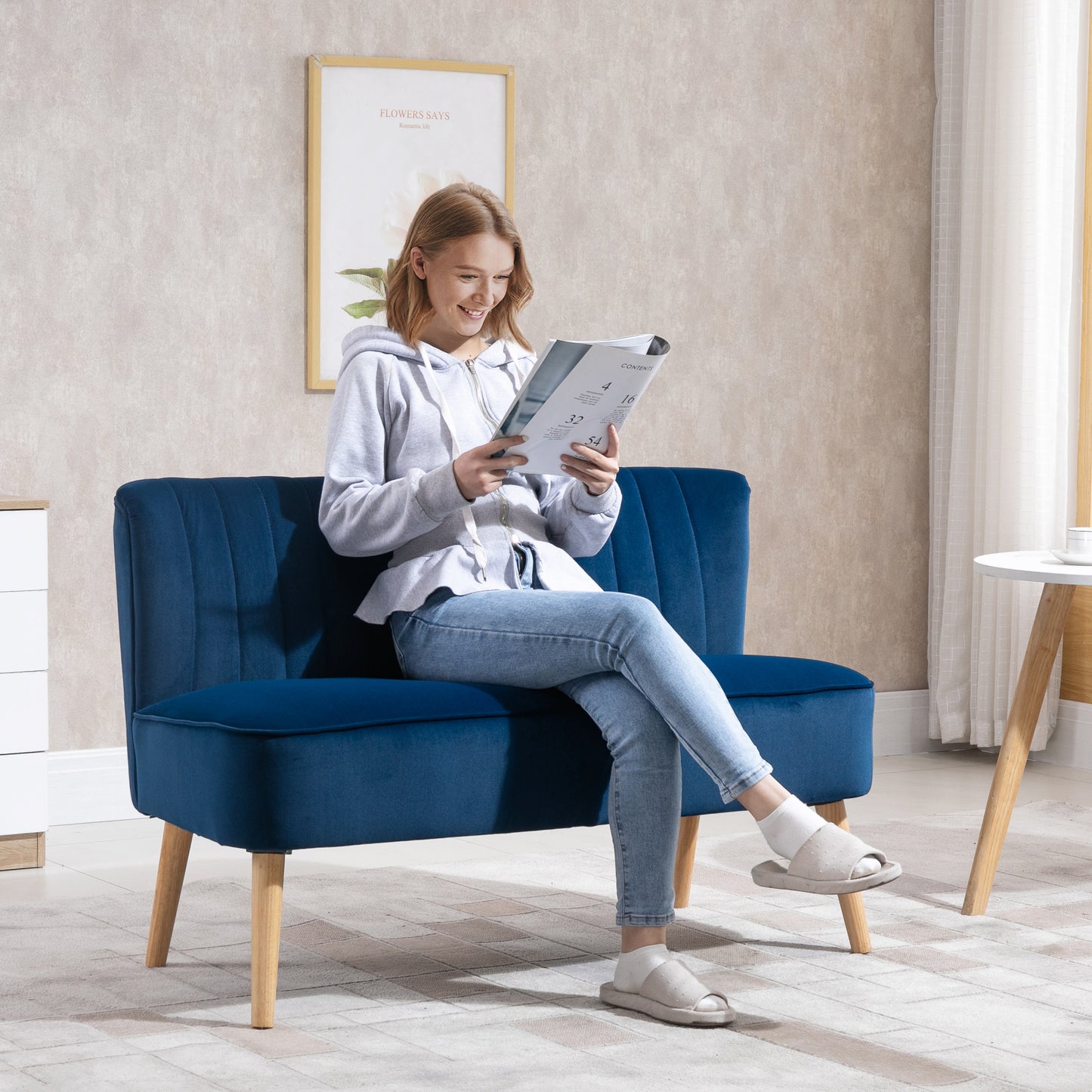 HOMCOM Modern Double Seat Sofa Foam Padding High Back Soft Comfortable Compact Couch Home Office Dark Blue
