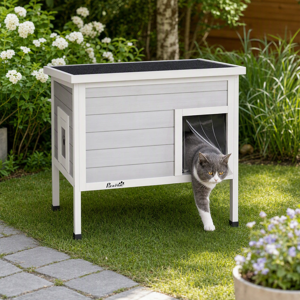 PawHut Outdoor Cat House, Insulated Cat Shelter with Insulated Liner, Waterproof Asphalt Roof, Escape Door, Opening Top