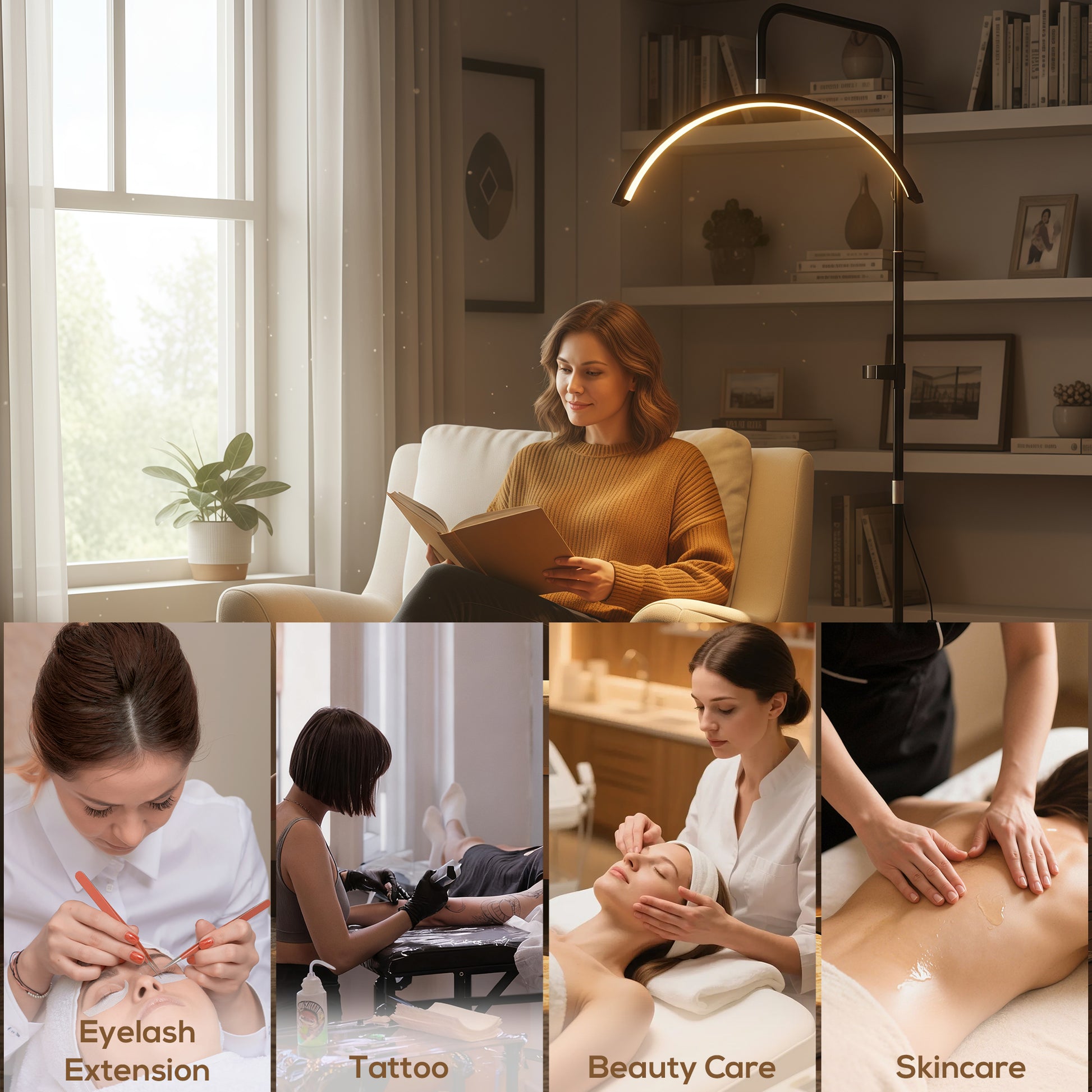 HOMCOM Half Moon Lash Light, Beauty Floor Lamp with 350Â° Rotatable Head, 7 Colour Temperature and Phone Holder, Dimmable Standing Lamp for Eyelash Extension, Tattoo, Nails, Skincare, Black