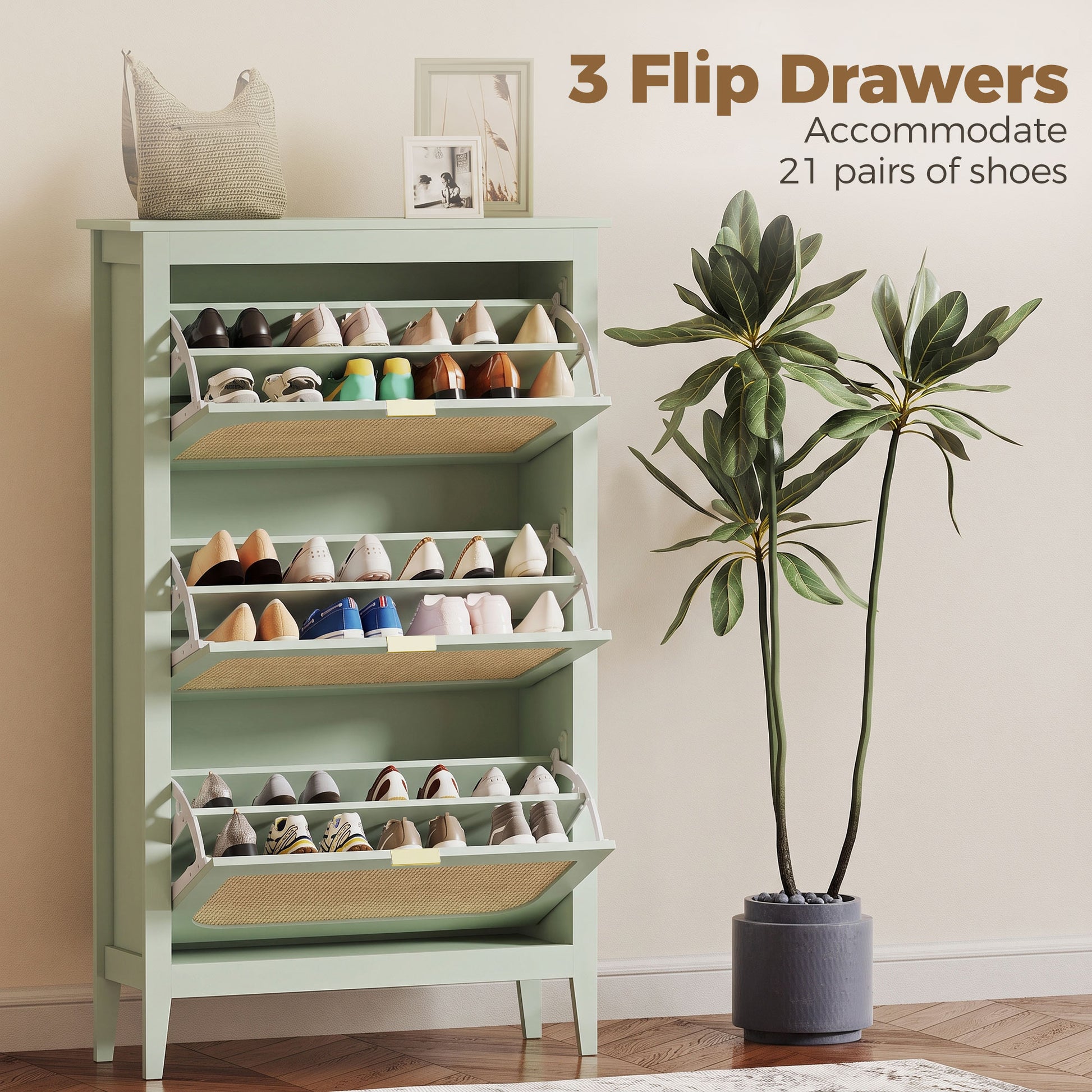 HOMCOM Narrow Shoe Cabinet, Boho Slim Shoe Storage Cabinet with 3 Flip Drawers, Holds 21 Pairs, Light Green