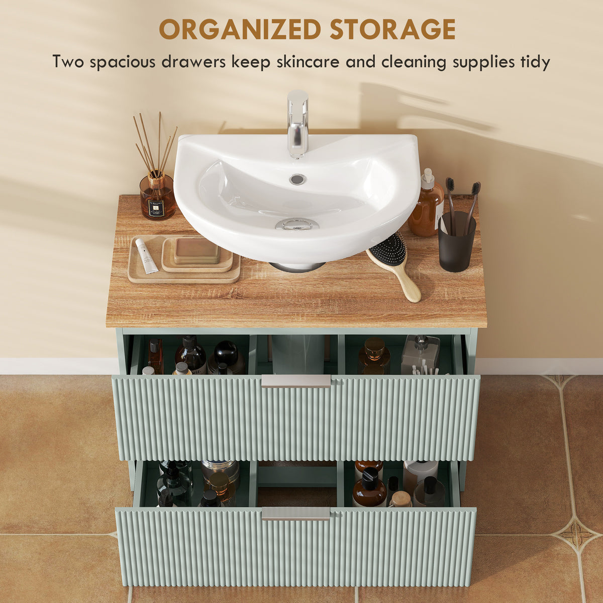 HOMCOM Under Sink Cabinet with 2 Drawers, Under Sink Bathroom Cabinet for Sink with or without Pedestal, Green and Natural Wood