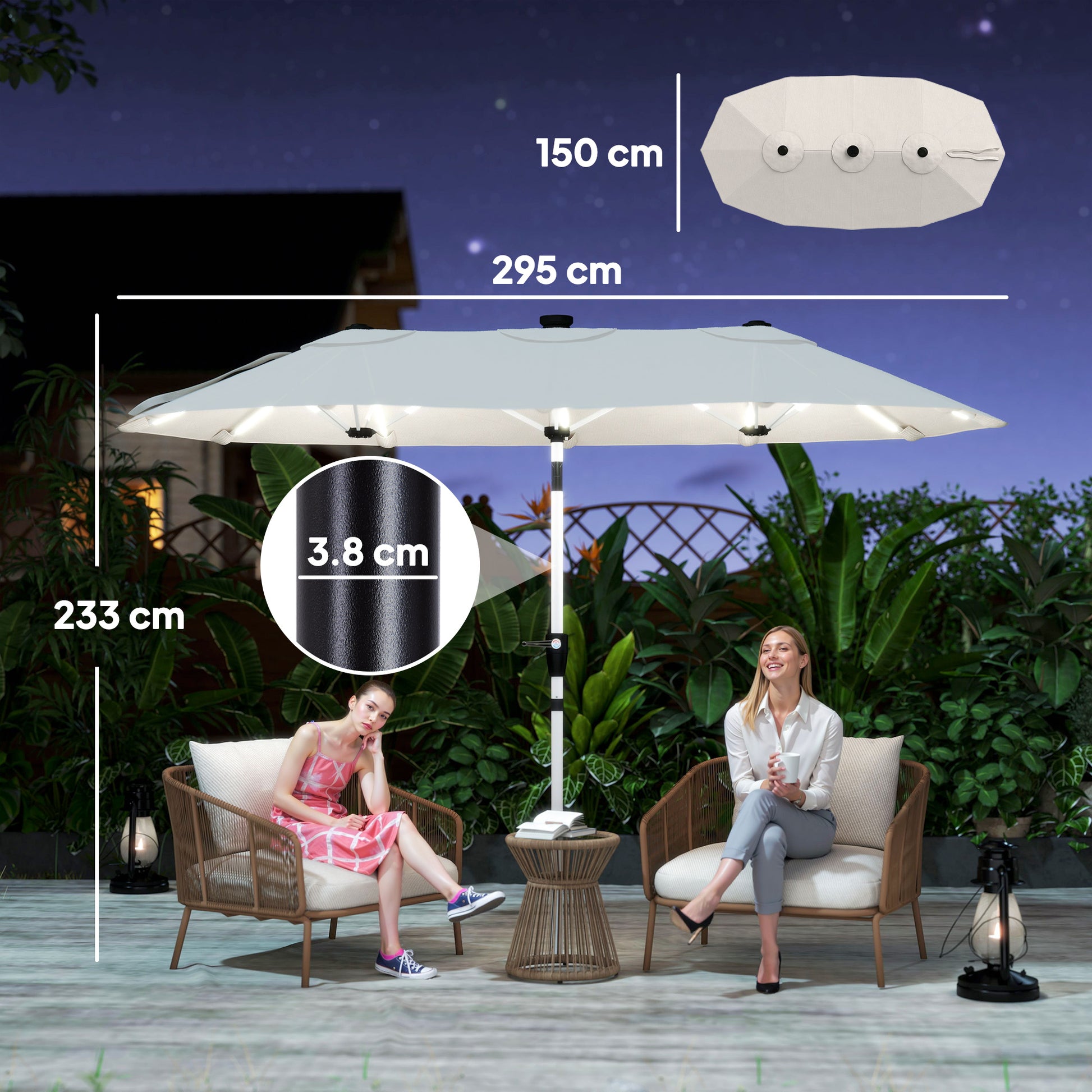 Outsunny 3 m Double-Sided Garden Parasol with LED Solar Lights, Outdoor Extra Large Sun Umbrella with Crank Handle, Cream White